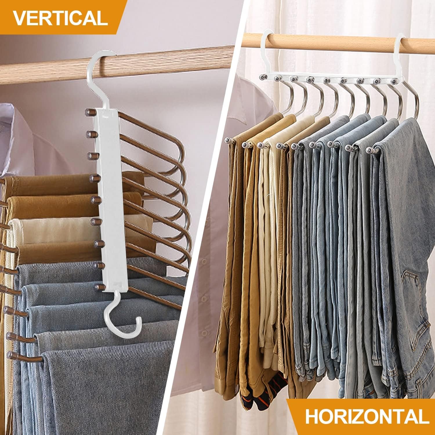 Ronronner Perchas Pantalones | Juego de 2 Perchas Ahorra Espacio con 9 Ganchos | Organizador de Armario para Pantalones, Faldas, Corbatas y Ropa | Percha Pantalón Plegable para Almacenamiento