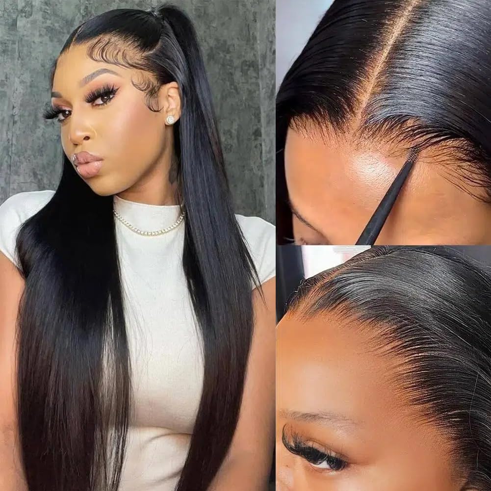 Glueless Wear and Go 30 Inch 13x6 Straight Human Hair Wigs Upgraded Hidden Strap Drawstring Secured Fit 180% Density Pre-Cut HD Lace Frontal Wig with Bleached Knots Ready to Wear Wig