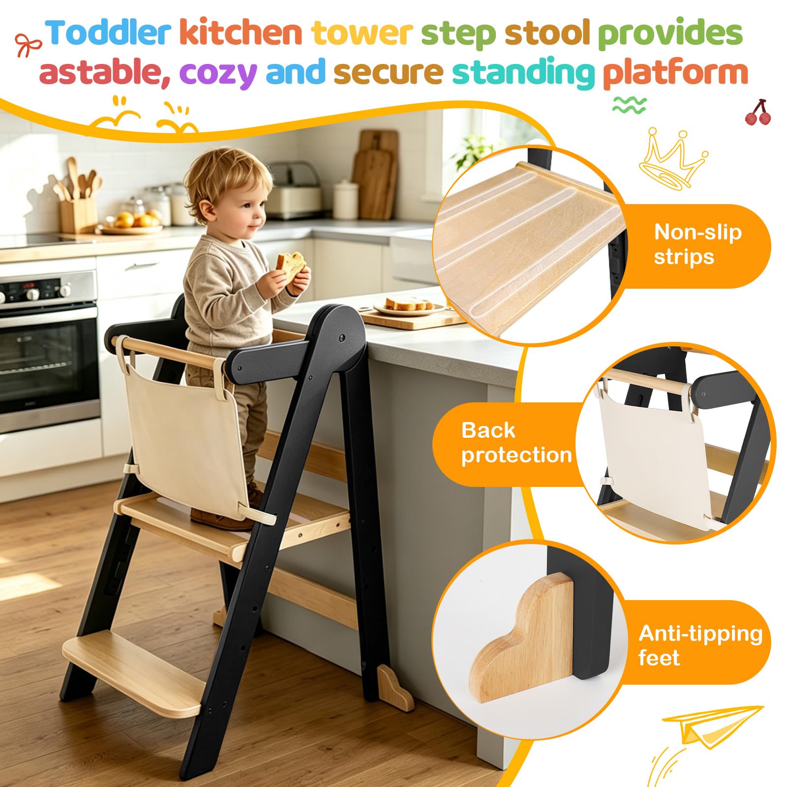 Torre di apprendimento per bambini, sgabello pieghevole in legno regolabile