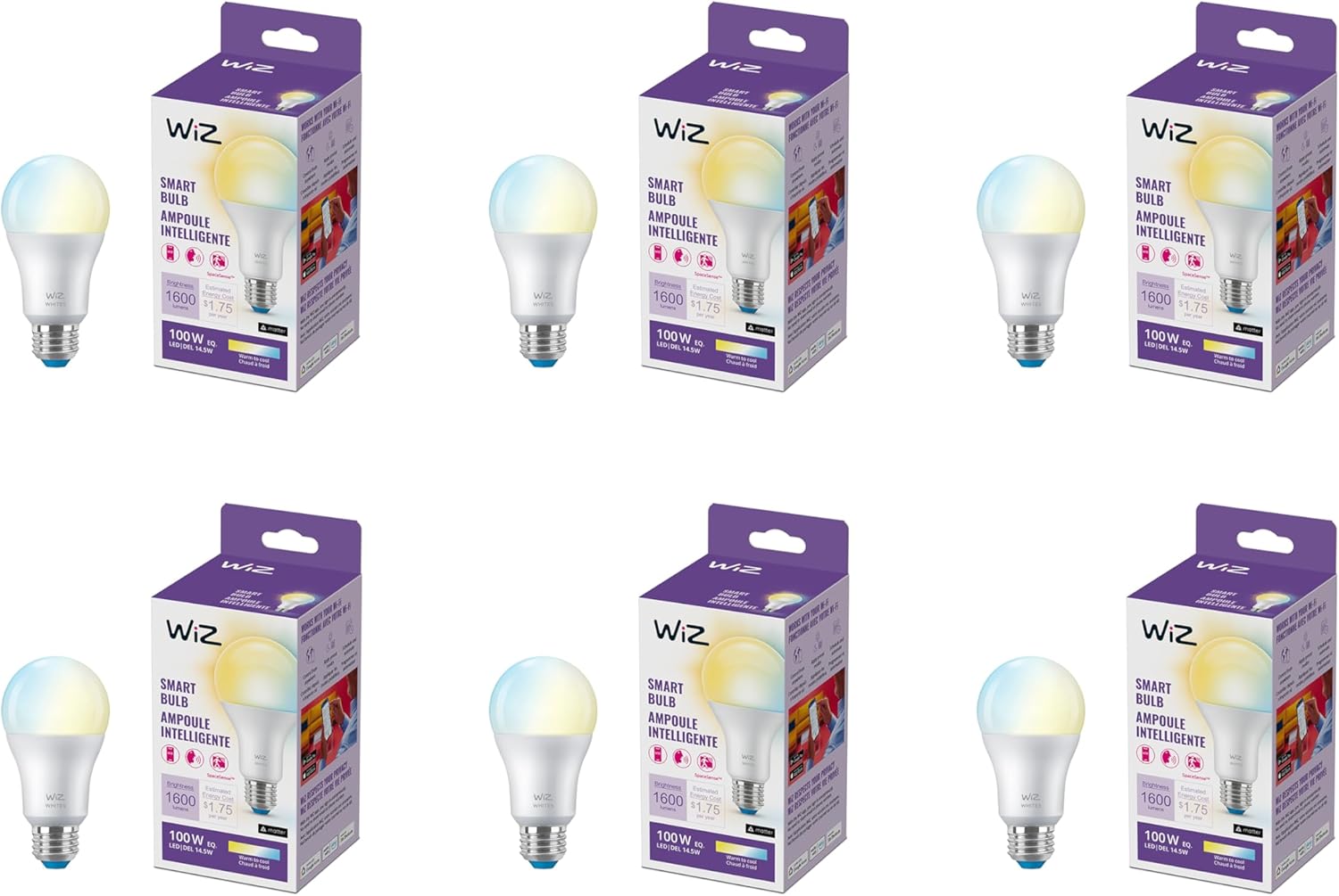 WiZ 100W Eq. (14.5W) A21 Tunable White LED Smart Bulb – Pack of 6 – E26- Indoor – Connects to Your Existing Wi-Fi – Control with Voice or App + Activate with Motion – Matter Compatible