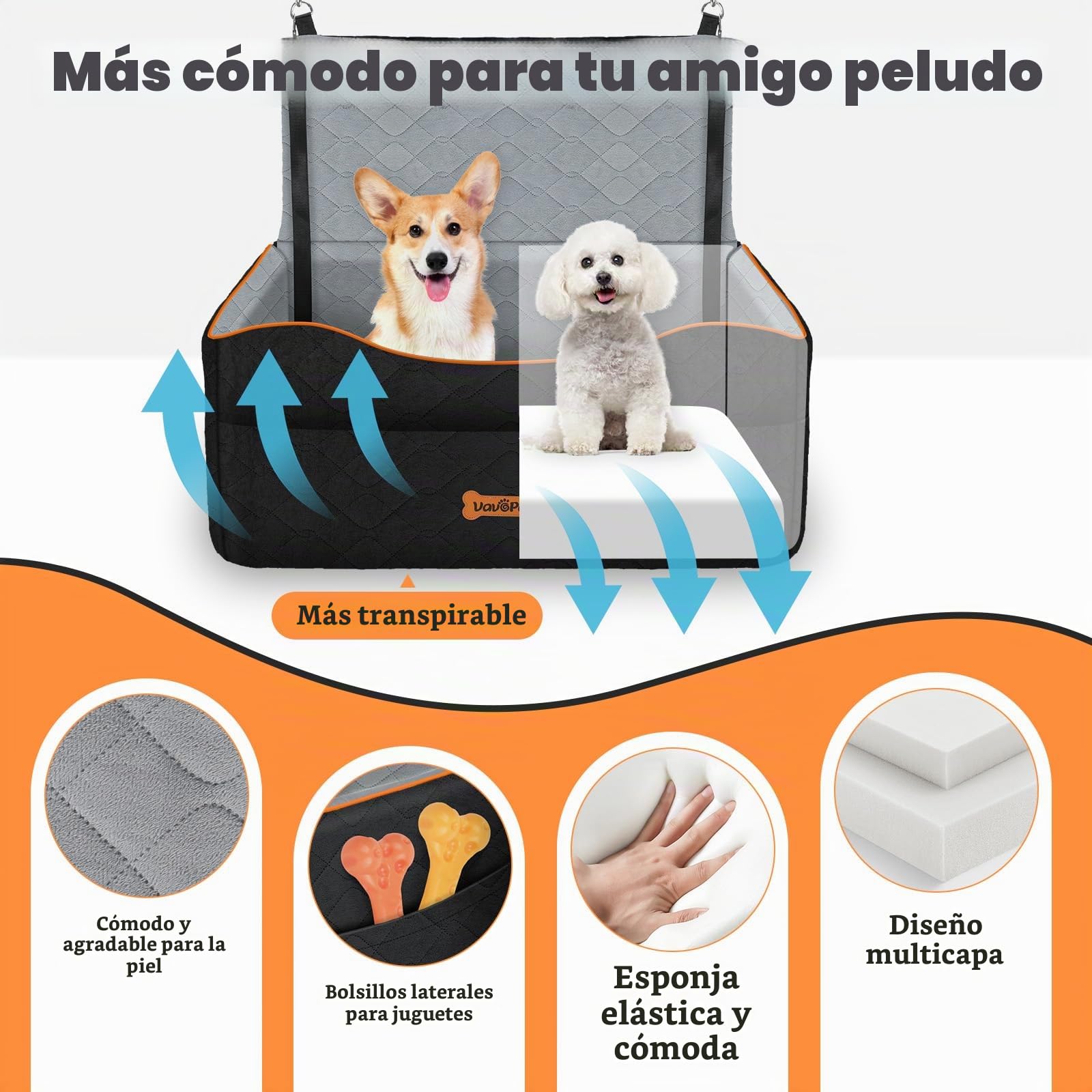 VavoPaw Asiento de Coche para Perro, Asiento Elevador Impermeable con Correa de Seguridad y Cojín Grueso, Cama Extraíble en Asientos Trasero para Mascotas Perro Mediano para Viajar