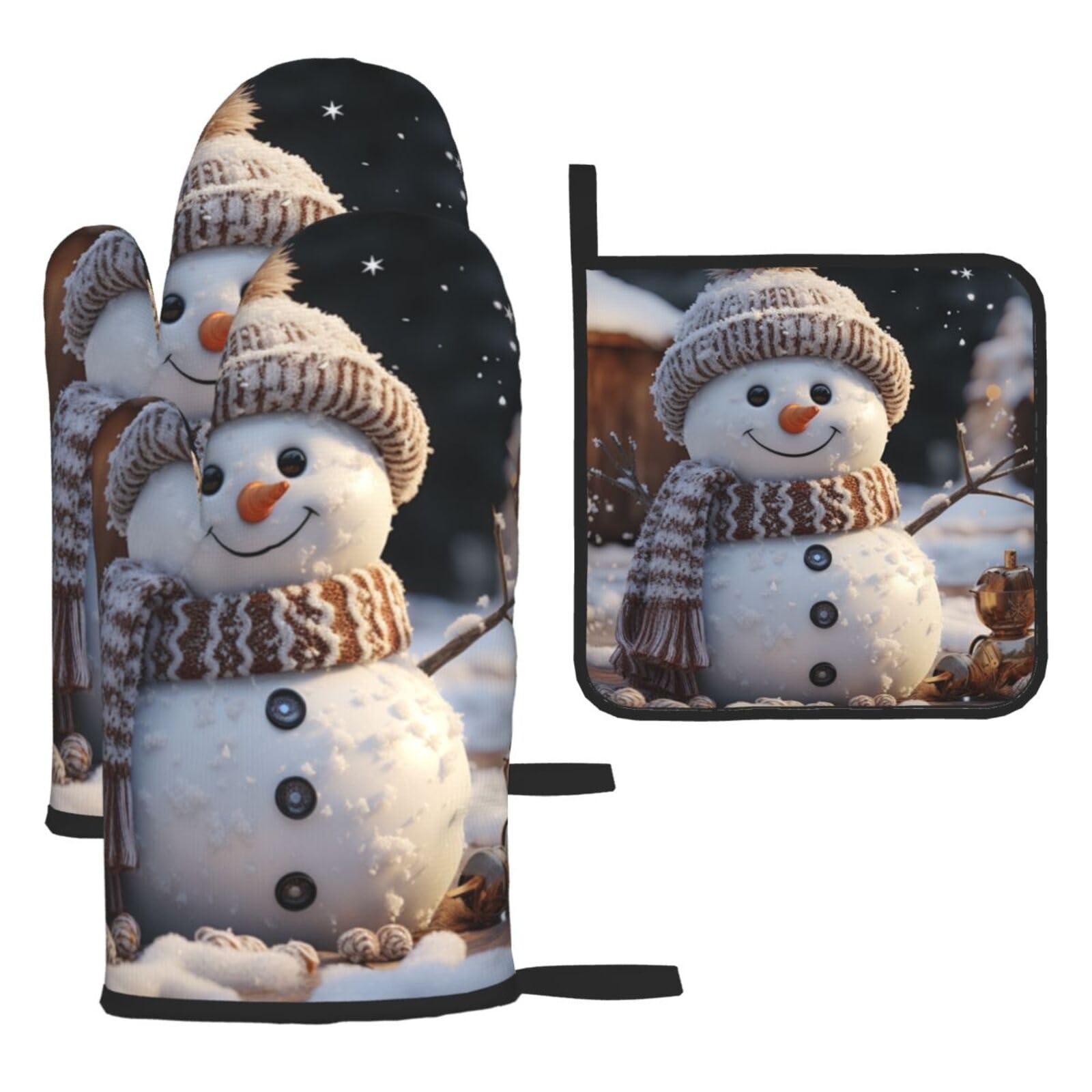 Oven Mitts and Pot Holders Sets of 3 Heat Resistant Kitchen Gloves Snowman Oven Mitts BBQ Gloves Oven Gloves and Hot Pads Non-Slip Potholders for Kitchen Baking Cooking