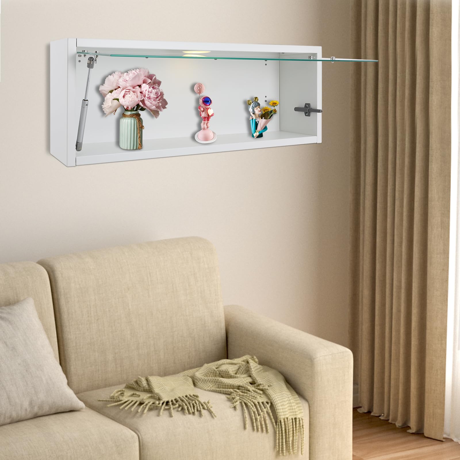 Wandschrank Aufbewahrungsschrank mit LED Licht Wandregal Hängeschrank mit Temperglas Tür Küchenschrank mit USB Ladefunktion für Küche Wohnzimmer Schlafzimmer Wandmontage Stauraum (Weiß, 80*18*30cm)