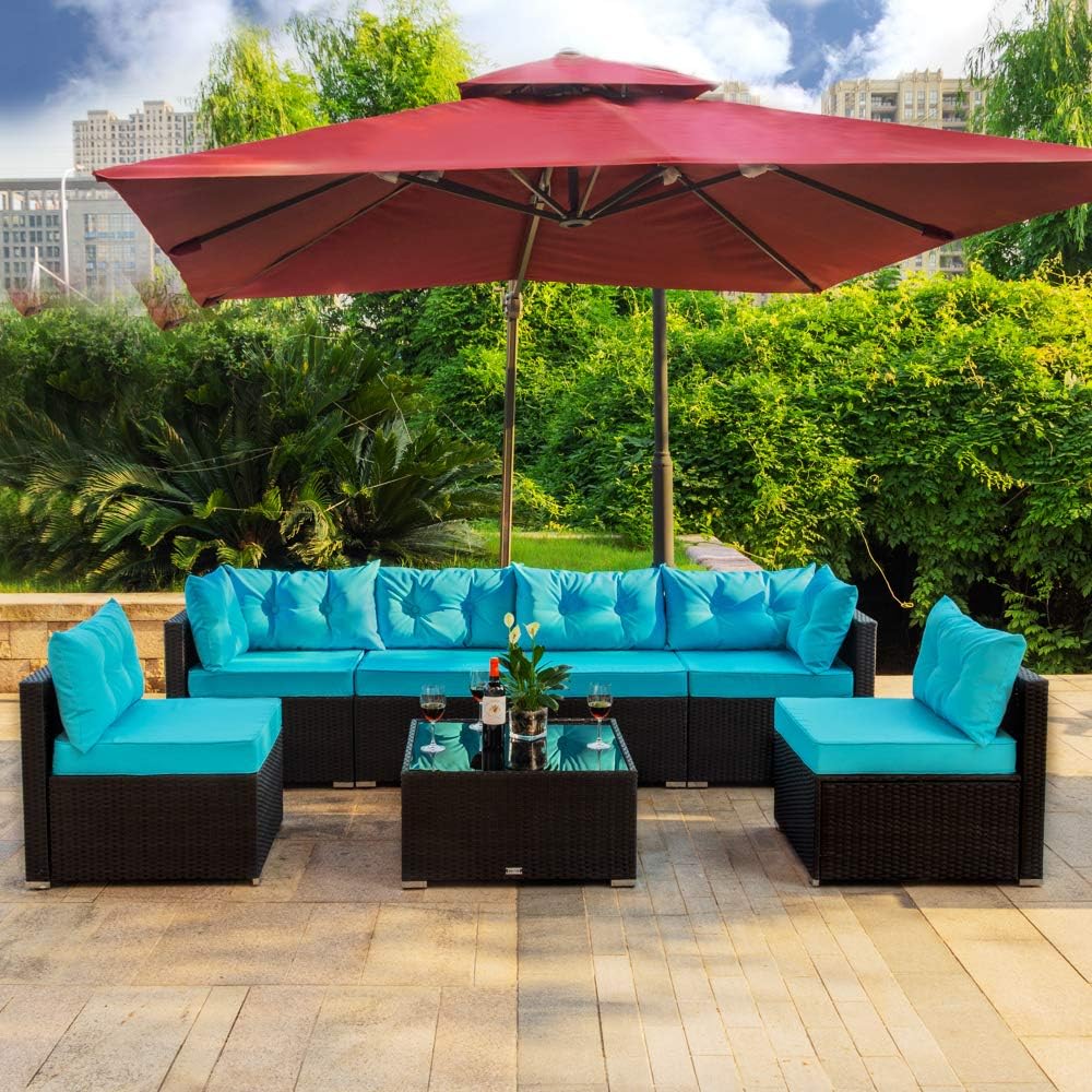 7 Pieces Patio PE Rattan Sofa Set Outdoor Sectional Furniture Wicker Chair Conversation Set with Cushions and Tea Table,Sky Blue