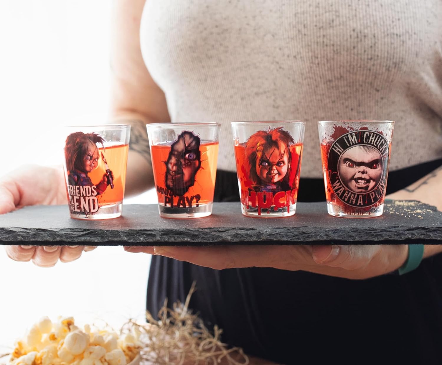 Child's Play Chucky 2-Ounce Mini Whiskey Shot Glasses, Set of 4 | Home Bar Drinkware - Image 8