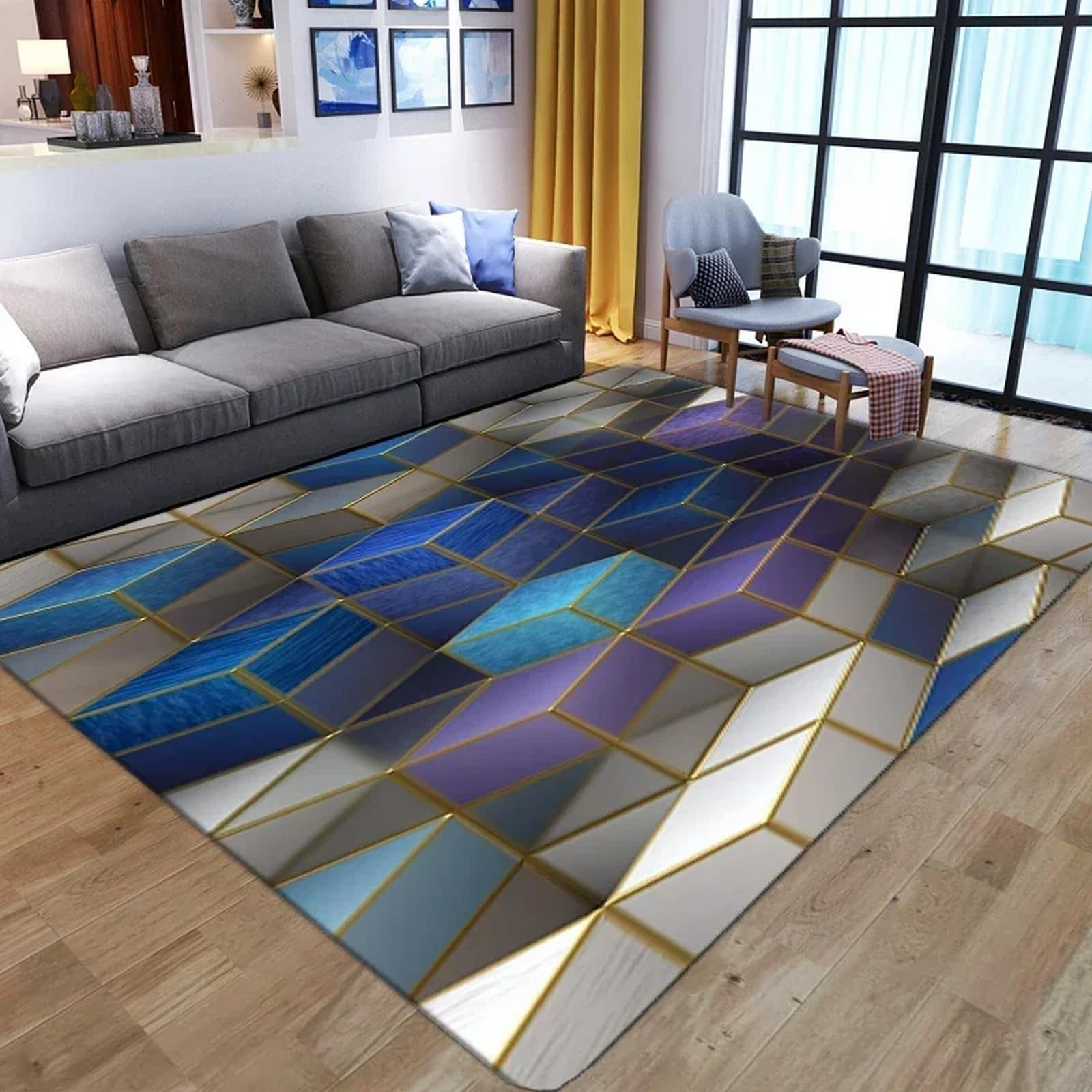 Tapis de salon moderne 3D à rayures géométriques abstraites lavable pour couloir
