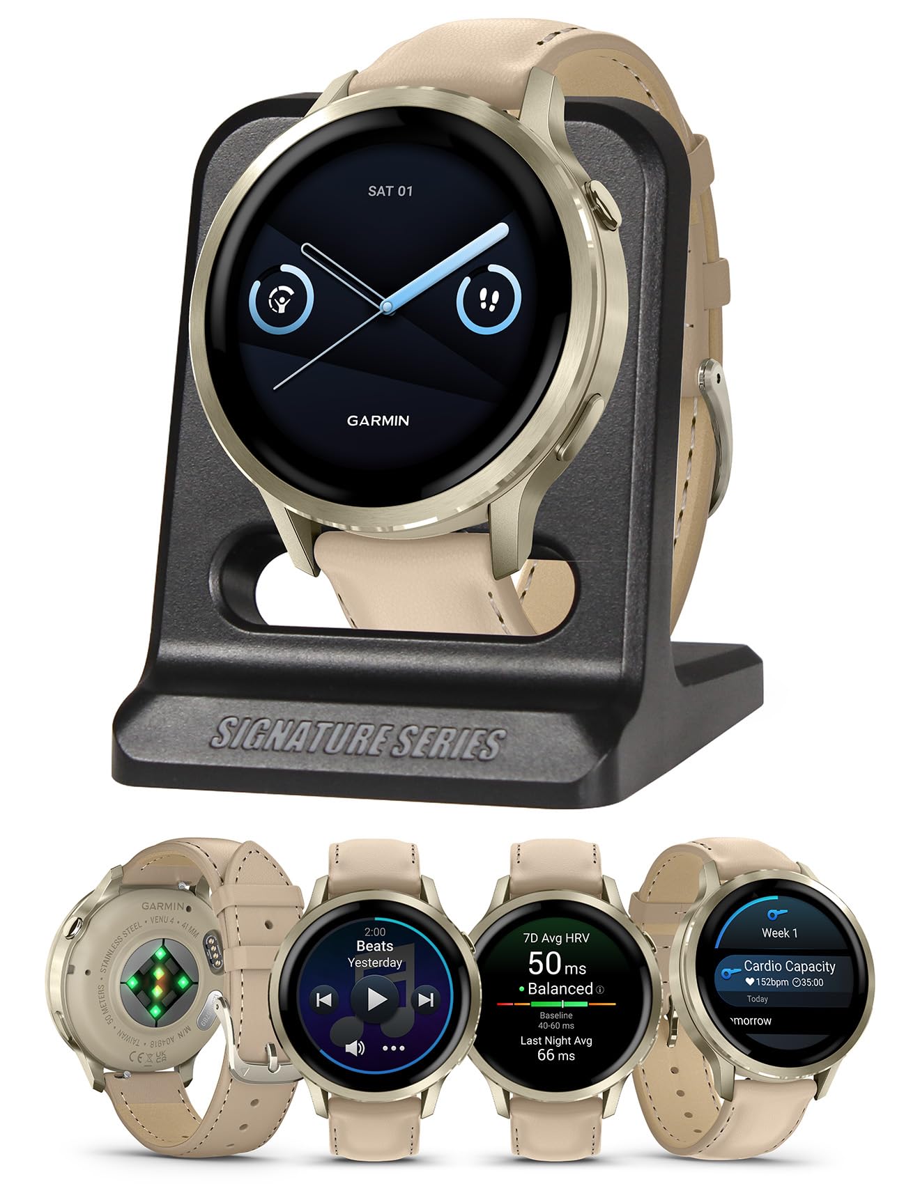 Garmin Venu 4, 41mm, Advanced Health & Fitness GPS Smartwatch, Bright & Colorful Display, Flashlight, 10 Days Battery Life | Lunar Gold Light Sand Leather Band, Signature Series Modern Power Stand