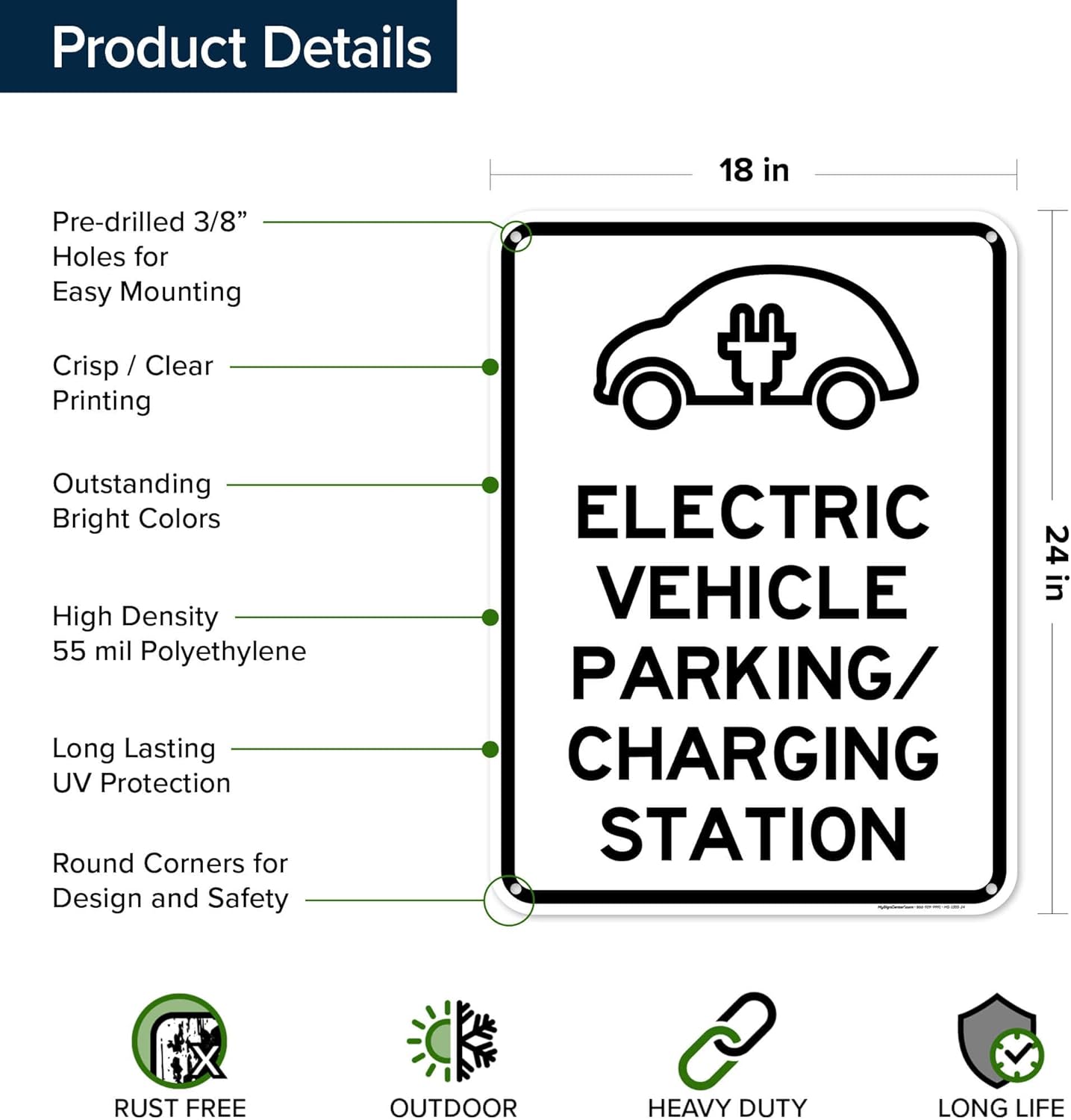 Electric Vehicle Parking Charging Station Sign, 18"x24" Polyethylene, Indoor/Outdoor Use, USA MADE By My Sign Center