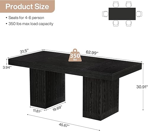 Miniatura 2 de Tribesigns Mesa de comedor para 4-6 personas, mesa de cocina moderna de 63 pulgadas con pedestal doble resistente, muebles de cena rectangulares