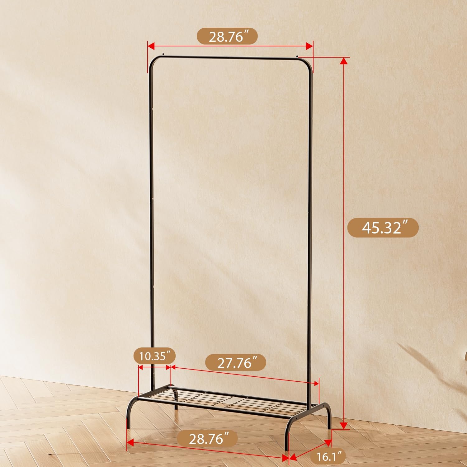 Modern Clothes Rack, 45" Height Garment Rack for Small Spaces, Stable Standing Clothing Organizer with Bottom Shelf, Portable Rack for Dorm, Apartment & Studio, 92LBS Capacity, Black