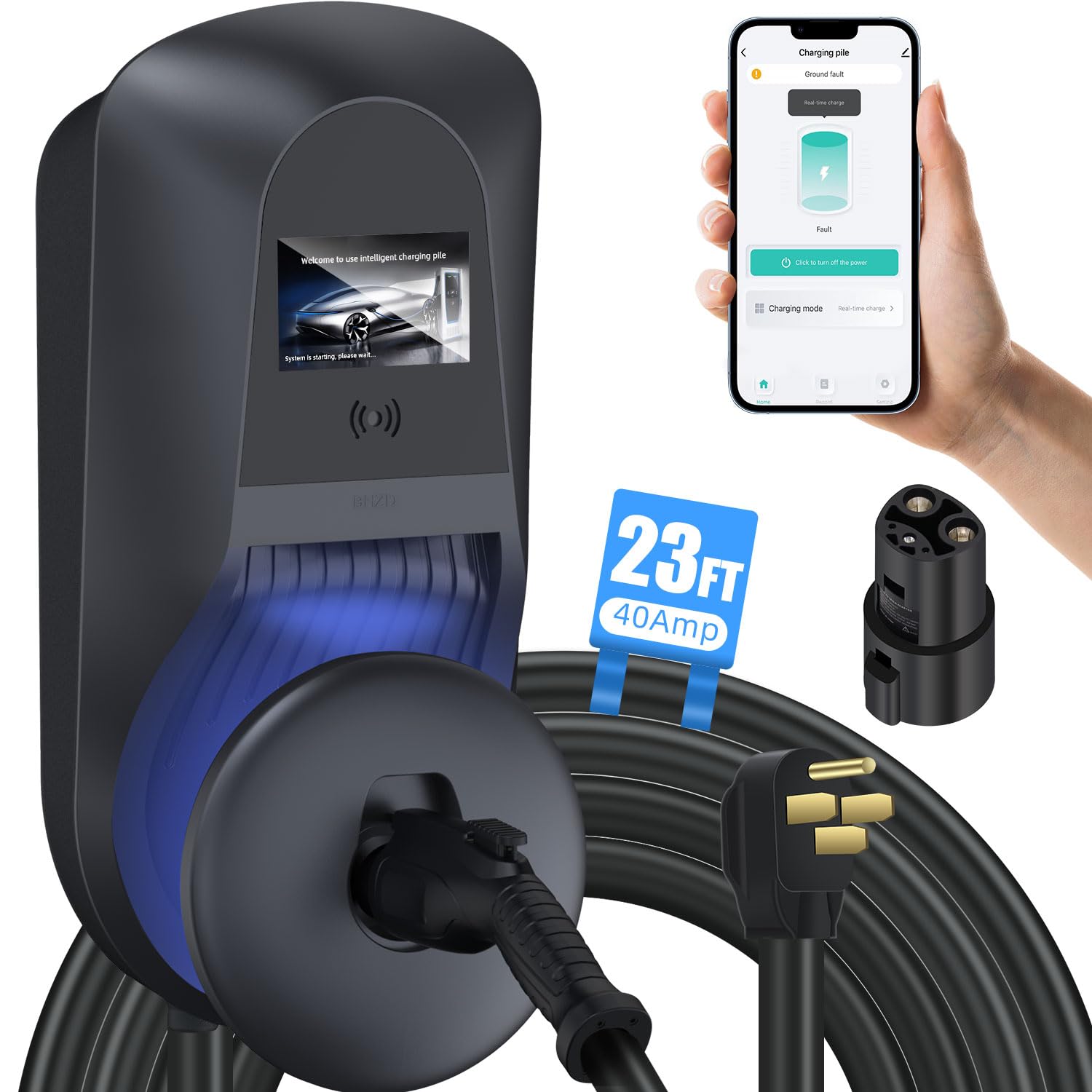 Level 2 Ev Charger up to 40Amp/ 240V, Electric Vehicle Charging Stations Compatible with J1772 EVs, NEMA 14-50 Plug with 23Ft Cable, UL Certified, Portable for Tesla Indoor/Outdoor, Black