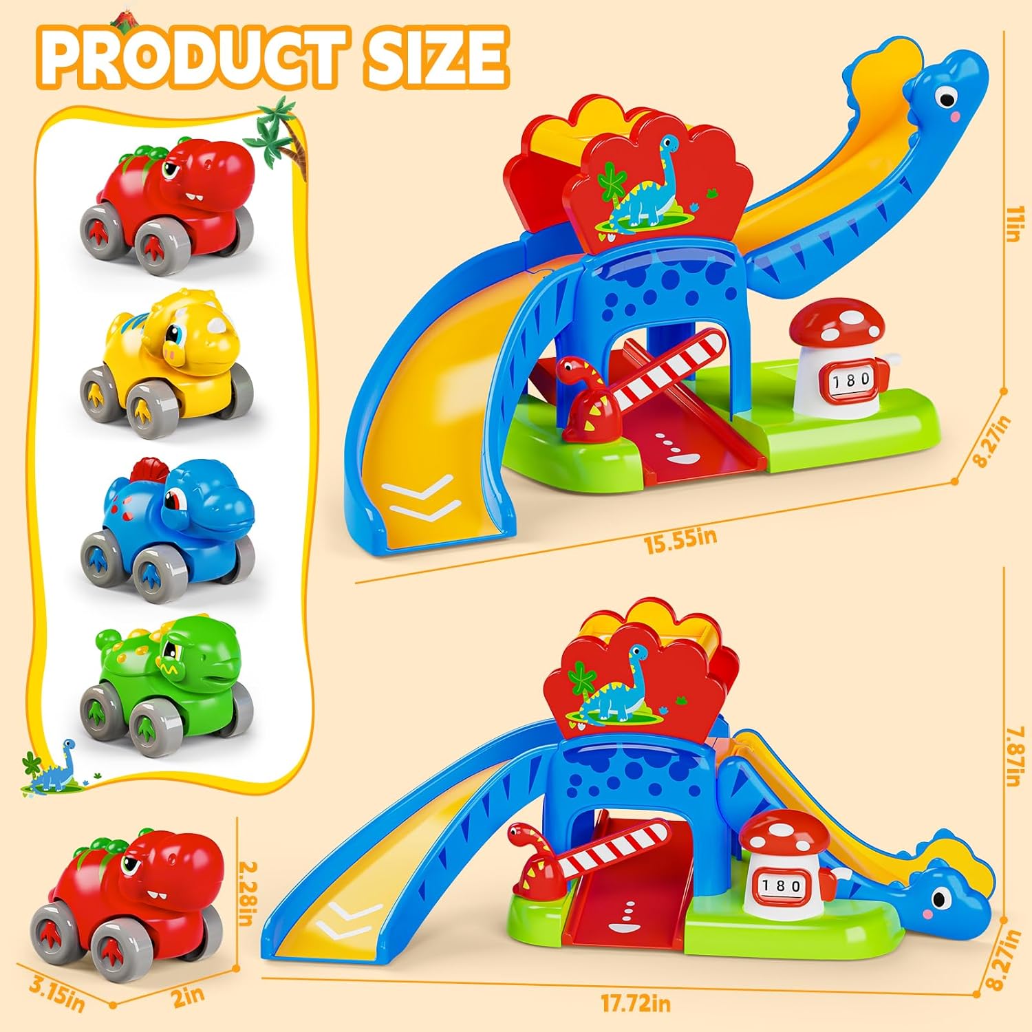 Toddler Toys Gifts for 1 2 Year Old Kids, Educational Dinosaur Slide Toy with 4 Cars for 12-18 Months Baby, First Birthday Chirstmas Gifts for Aged 1-3 Year Old, Push Car Track Toy for Boys Girls - Image 2