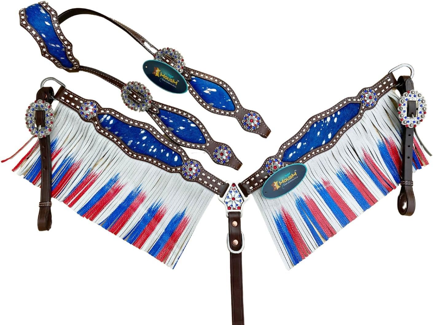 Ameriacan Flag Headstall and Breast Collar Fringe Tack Set - Argentina Cow Leather Decorated with Red, White, and Blue Design, Crystal Conchos, and Decorative Buckles