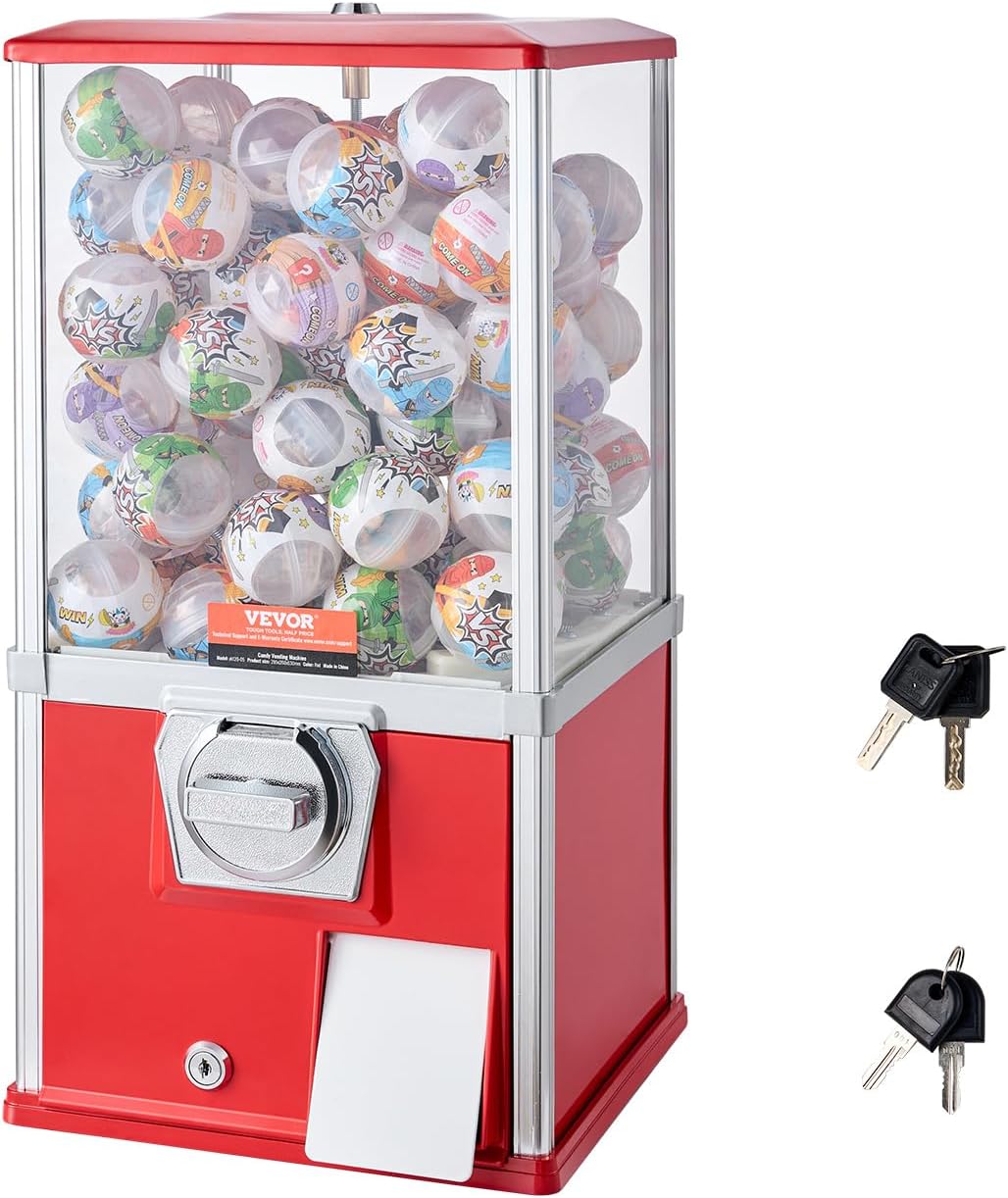 VEVOR Gumball Machine, 21" Height Home Vending Machine, PS Bouncy Balls Dispenser, Hold 180 Capsule Toys, Rectangle Bubble Gum Machine for Game Stores, Coin Operated Gumball Bank, Red