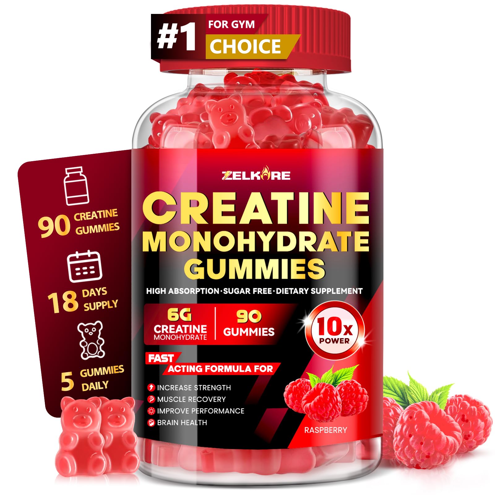 Creatine Monohydrate Gummies 6000mg for Men & Women, Creatine Gummy 90Ct | Pre & Post Workout, High Absorption Supplement with BCAA, Support Boost Strength, Endurance & Muscle Recovery, Raspberry
