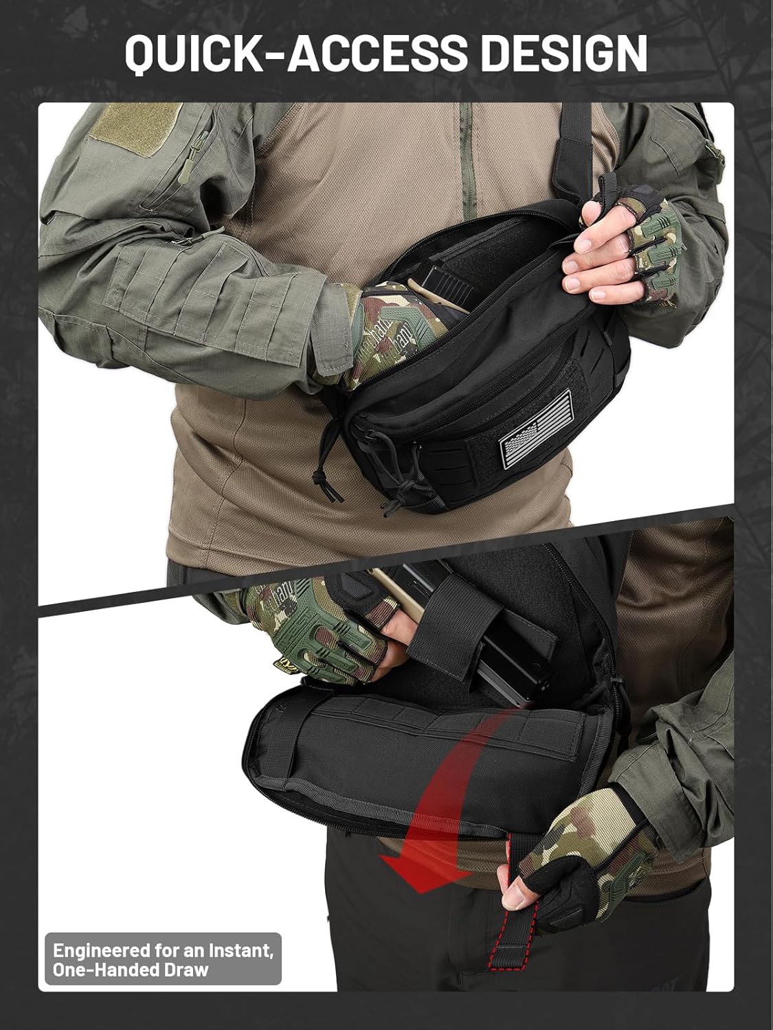 Tactical Sling Bag, Fanny Pack,2in1,CCW & EDC Shoulder Bag with MOLLE & Pistol Holster - 1000D Adjustable Strap for Outdoor Carry Men & Women