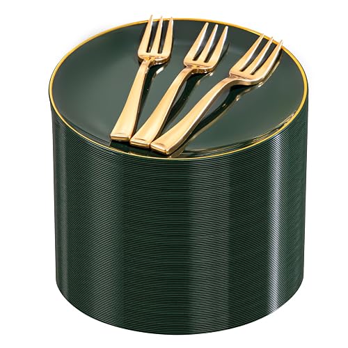 Festiva 200Pcs Green Dessert Plates 6.3' with Plastic Forks 5'- Small Disposable Plates- Dessert/Cake/Appetizer Plastic