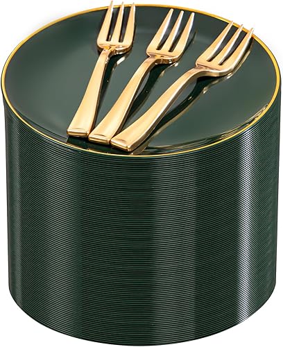 Miniatura 11 de Festiva 200 platos dorados de postre de 6.3 pulgadas con tenedores de 5 pulgadas, platos pequeños desechables para postre, pasteles, aperitivos, Oro