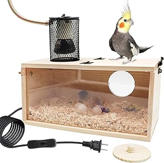 Bird Nesting Box with Heat Lamp, Natural Wood Transparent Bird House for Birdcage, 75w Ceramic Heat Emitter Heater Lamp, Birdcage Accessories, Suitable for Parrot Parakeet Cockatiel Lovebirds Budgie