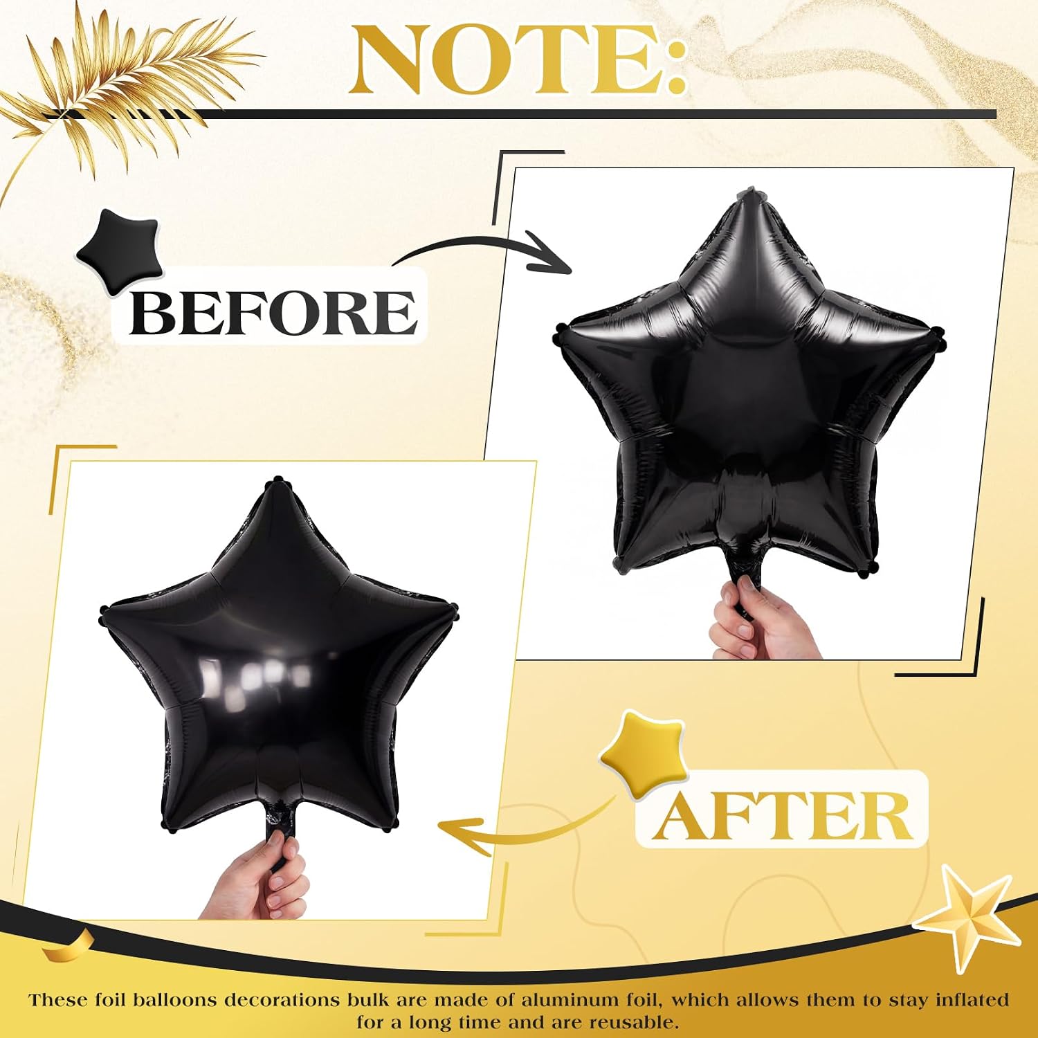 Duraaamo 30 Set Star Foil Balloons Bulk 22 Inch Metallic Star Balloons and Stars Banner and Satin Ribbon for Ceiling Birthday Graduation Ornaments Party Decor(Black,Gold)