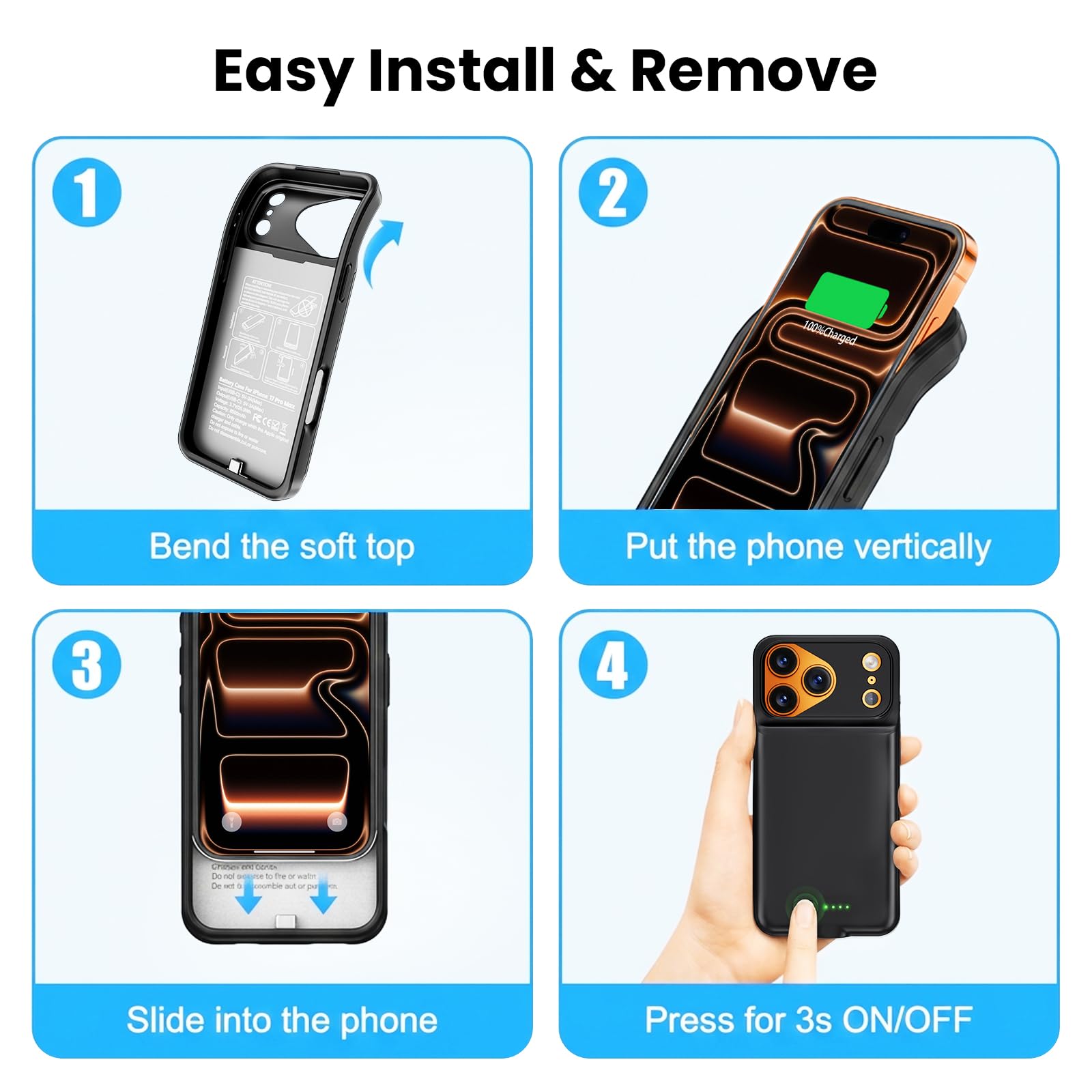 BOPPS Custodia con batteria per iPhone 17 Pro Max con 【2025 nuovo】, custodia caricabatterie portatile da 8500 mAh, protezione a 360°, custodia di ricarica estesa nera