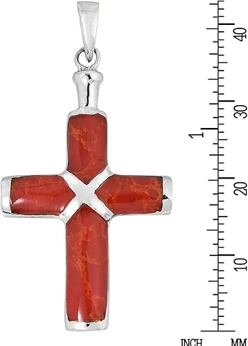 Miniatura 4 de AeraVida Cruz cristiana reconstruida con incrustaciones de coral rojo .925 colgante de plata esterlina, Coral
