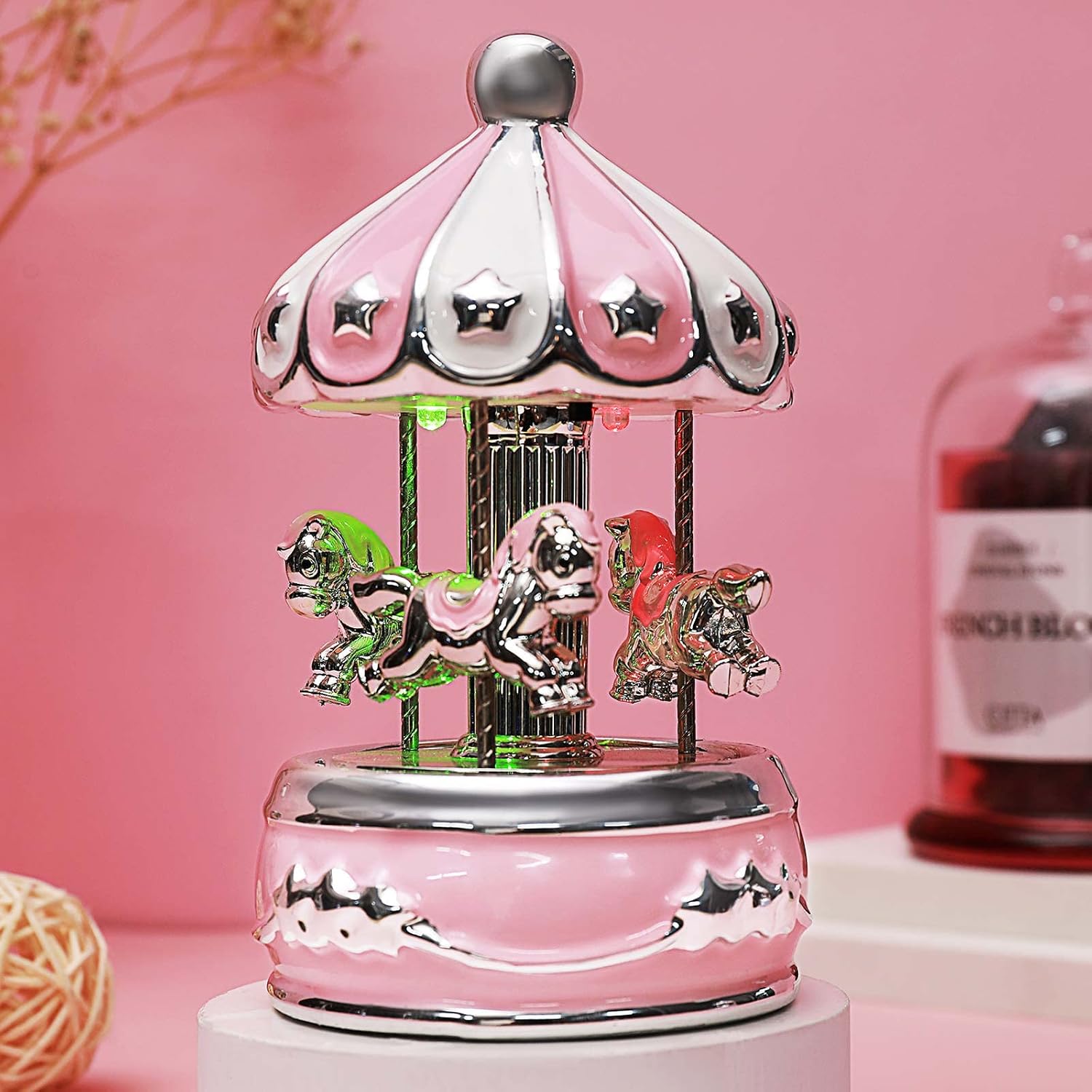 Carousel Music Box Gift Wrapped Ceramic Musical Carousel Color-Changing Lights Music Boxes for Girls Boys Kids Daughter Son Granddaughter Wife Mom Women Birthday Christmas (Pink Star)
