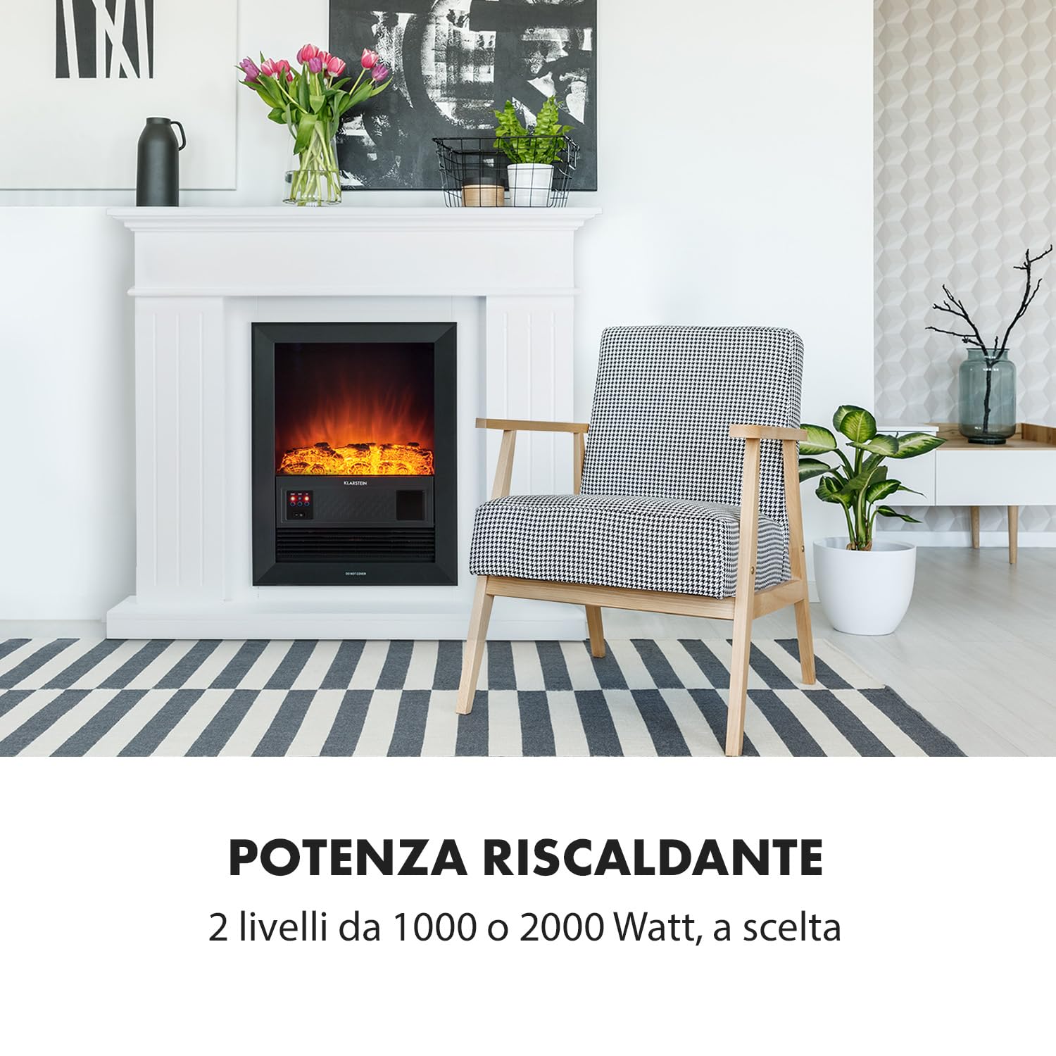 Klarstein Chamonix Camino elettrico retrò nostalgia con termoventilatore (camino da parete sottile 35 cm, 2 livelli di riscaldamento - 2000W e 1000W, simulazione di fiamme) bianco