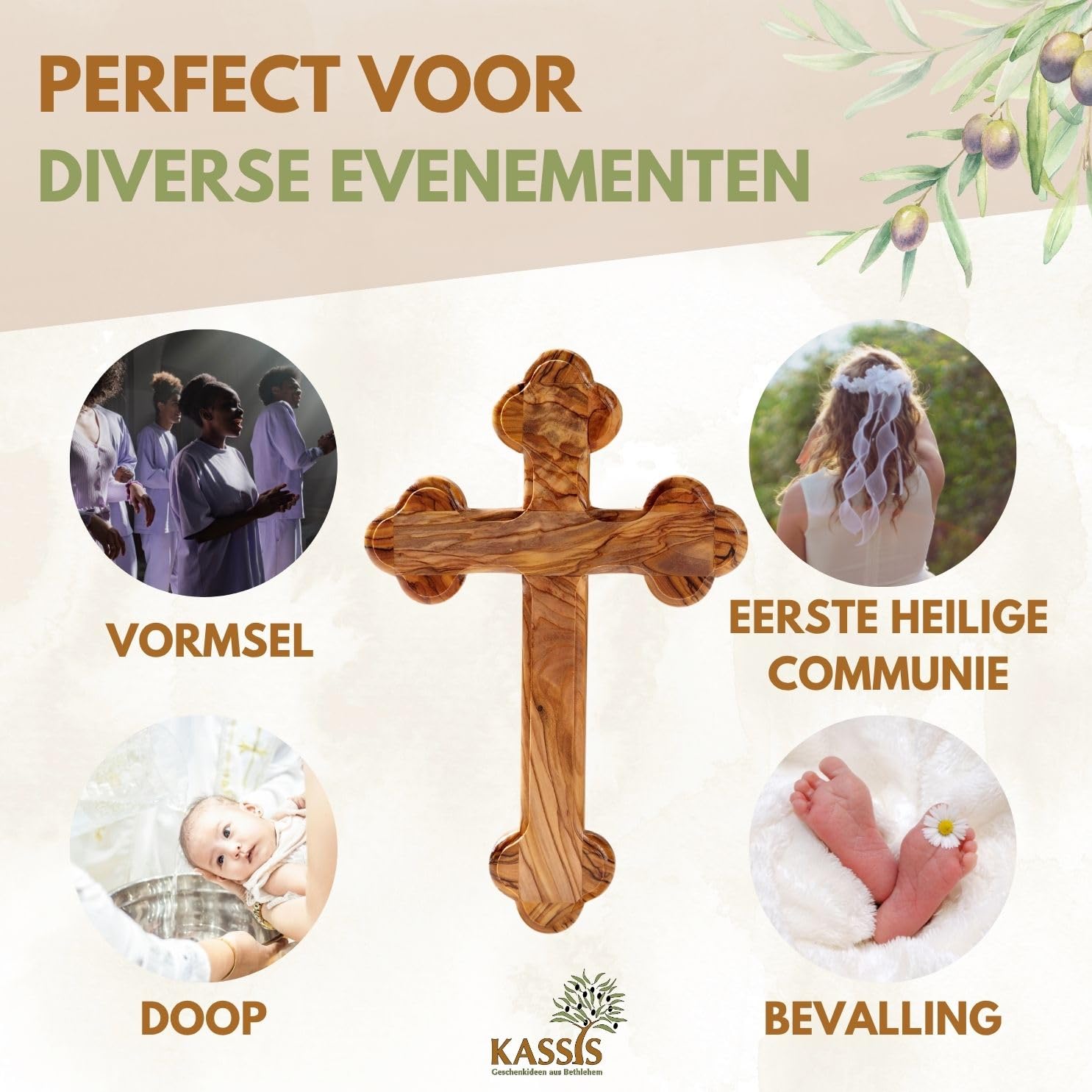 Handgemaakt olijfhouten kruis God Bless Our Home uit het