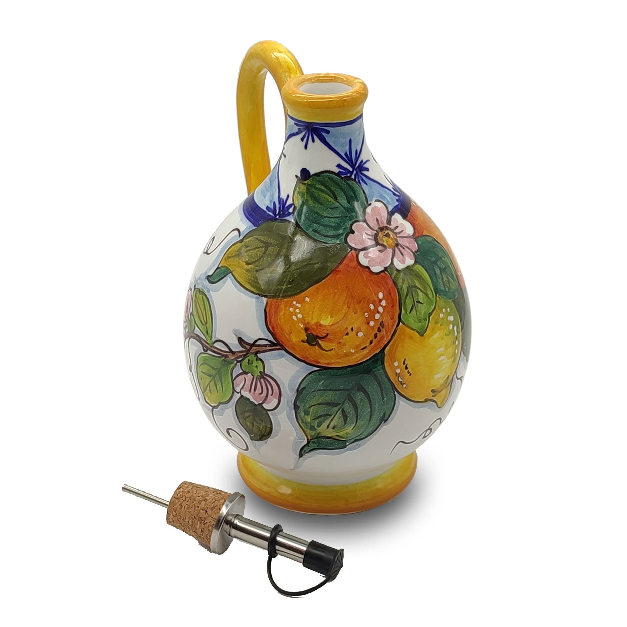 Italian Ceramic Olive Oil Dispenser Bottle XL Size - Hand Painted Oil Cruet Lemon Design for Kitchen - Made in ITALY Tuscany - Italian Pottery - 14 Oz