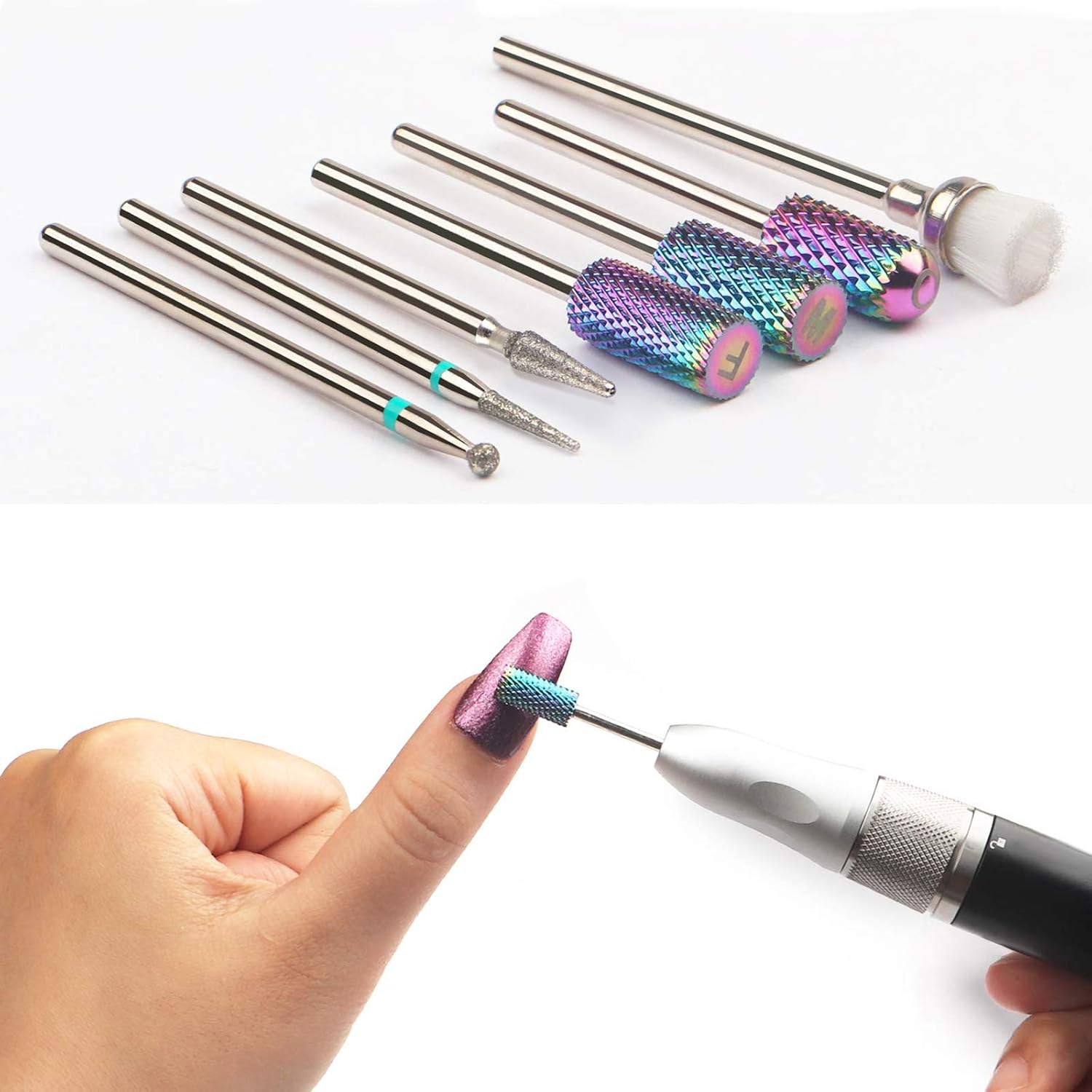 Tungsten Carbide Diamond Carbide Nail Drill Bits Set ECBASKET Nail File Bits 7pcs 3/32 inch for Acrylic Gel Nails Cuticle Manicure Pedicure