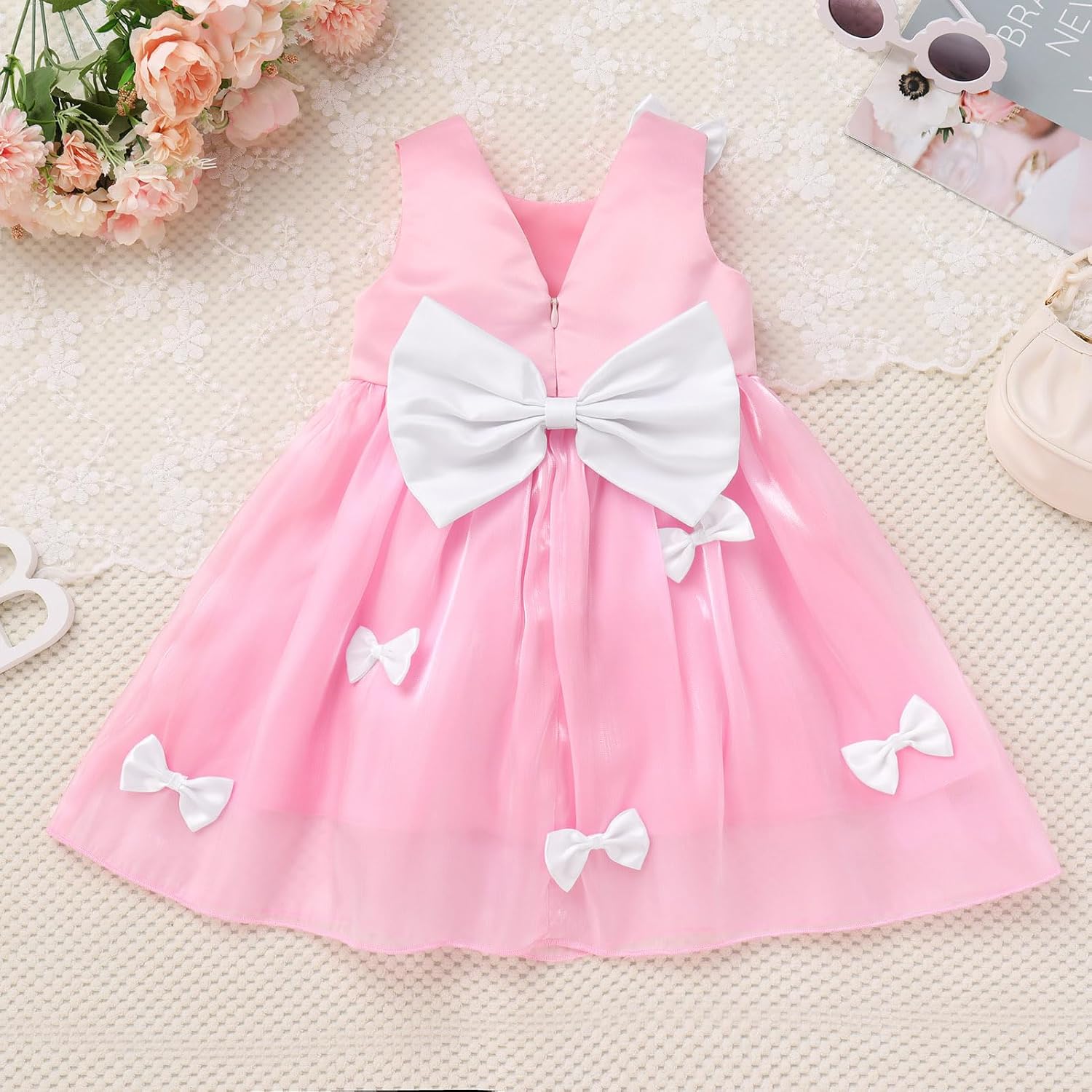 IBAKOM Baby Girl Bow Midi Dress Sleeveless Pink White Black Blue 1st 2nd 3rd Birthday Outfits Toddler Pageant Wedding Frock