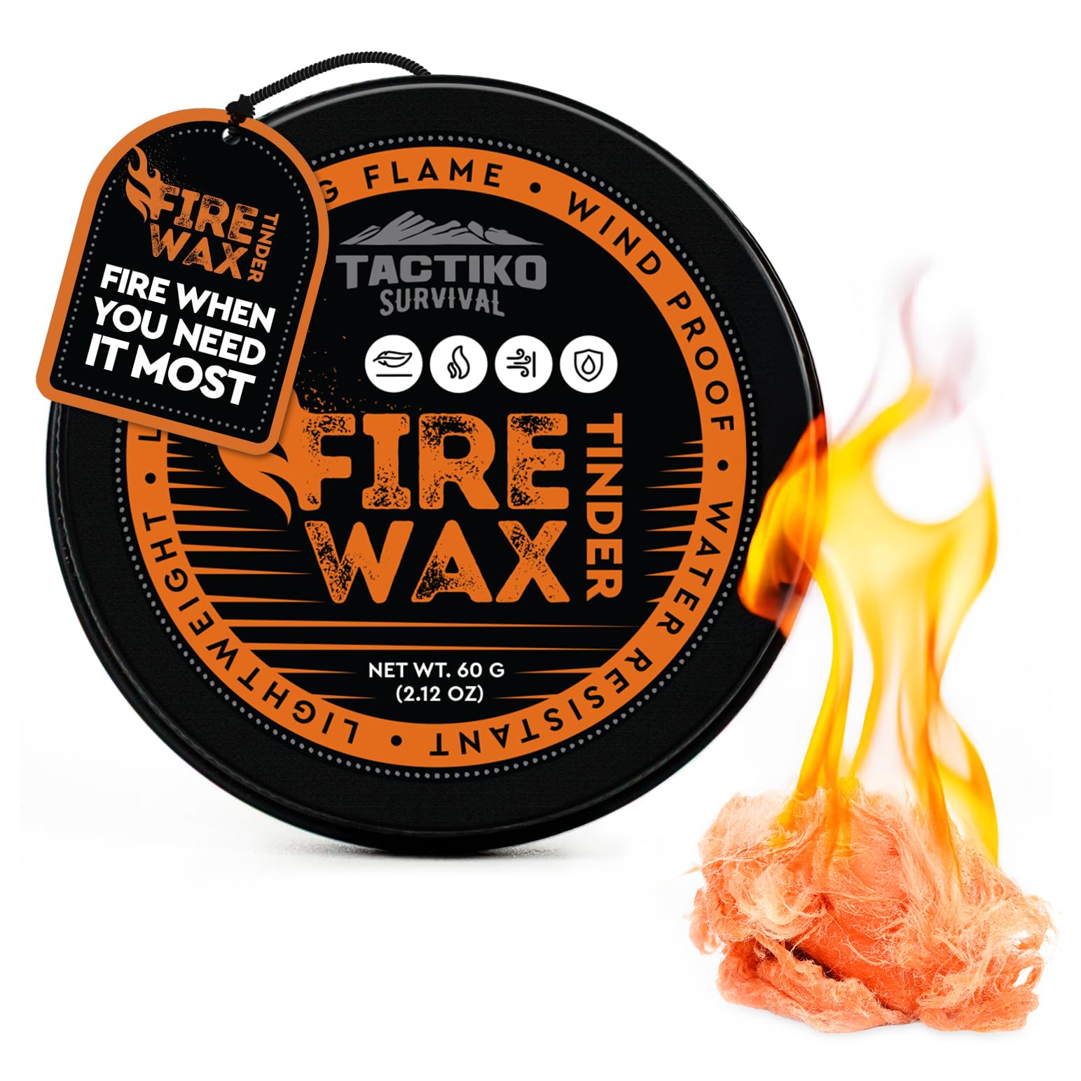 Tactiko Fire Wax - Burns Up to 5 Minutes, 50 Uses, 60g - Perfect for Wet Wood - Compact, Water & Wind Resistant - Camping Gear, Survival Kit, Hikers, Emergency Use - U.S. Company