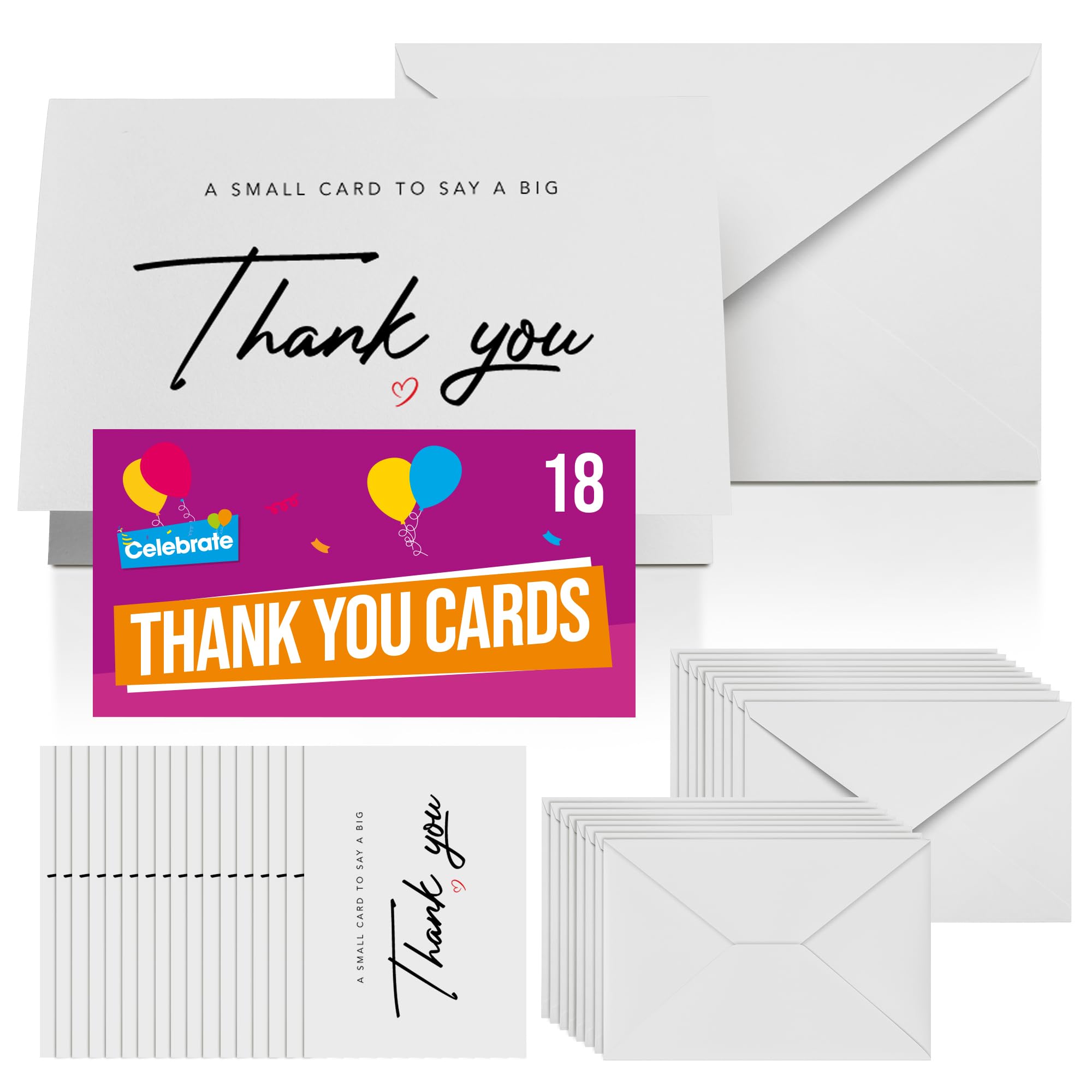 SOL 18pc Thank You Cards Multipack with Envelopes - Premium 250 GSM White Cardstock - A6 Small Size, Blank Inside. Bulk Pack For Wedding, Business, Greeting, Bridesmaid, Easter, Teacher Appreciation.