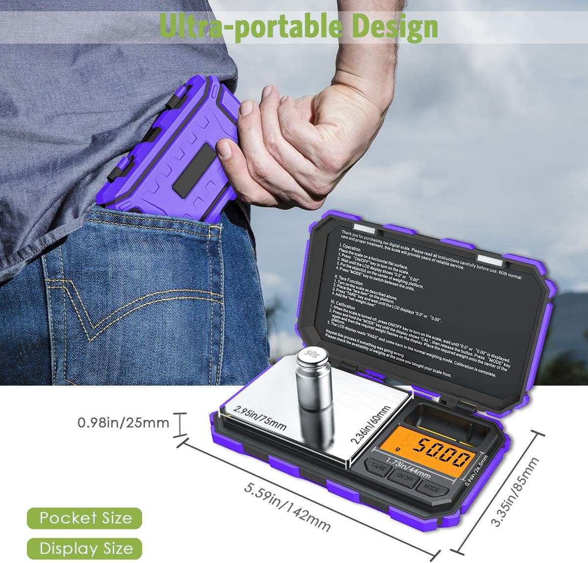 KeeKit Digital Mini Scale, 200g 0.01g Pocket Scale with 50g Calibration Weight, Electronic Smart Scale with Tare & LCD Backlit Display for Food, Tablets, Jewelry (Battery Included) – Purple