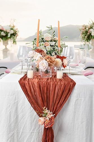 Miniatura 7 de Lvydec Paquete de 5 caminos de mesa de estopilla de terracota de 13 pies, camino de mesa rústico largo de gasa para decoración de mesa de boda,