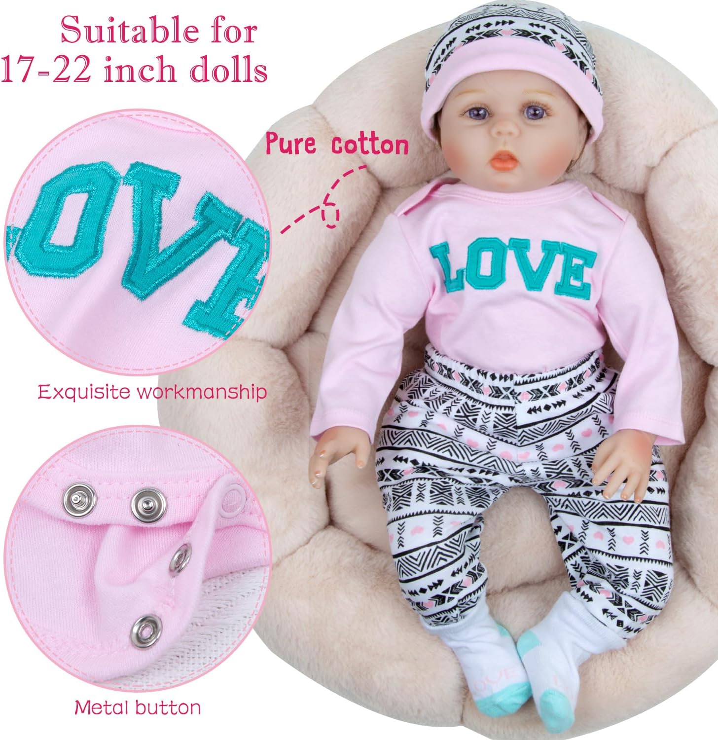 PEDOLLTREE 12 Pcs Reborn Baby Dolls Clothes Girl Outfit Accessories for 17-22 Inch Reborn Doll Newborn Girl with Pink Love Heart Bassinet