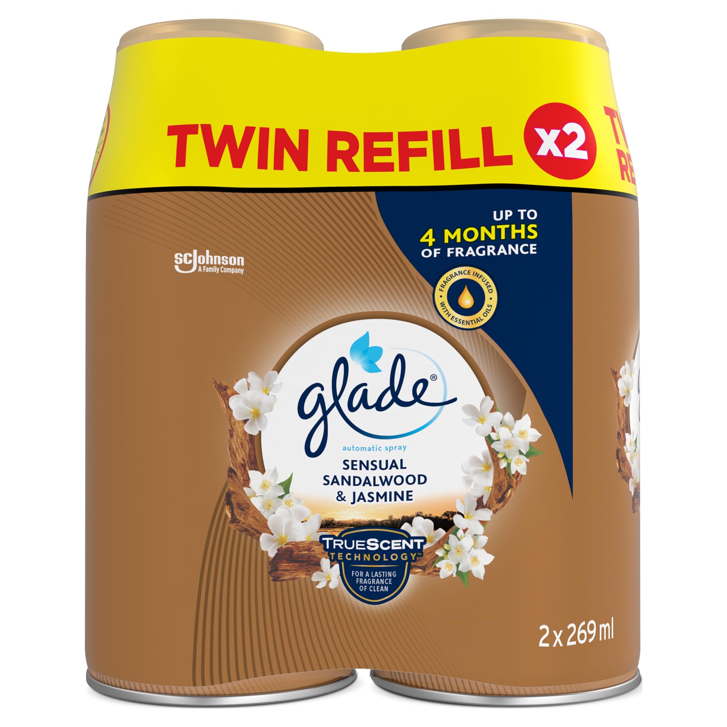 Glade Automatic Air Freshener Refills, Odour Eliminator & Room Spray, Sandalwood & Jasmine, Duo Pack (2 x 269ml)