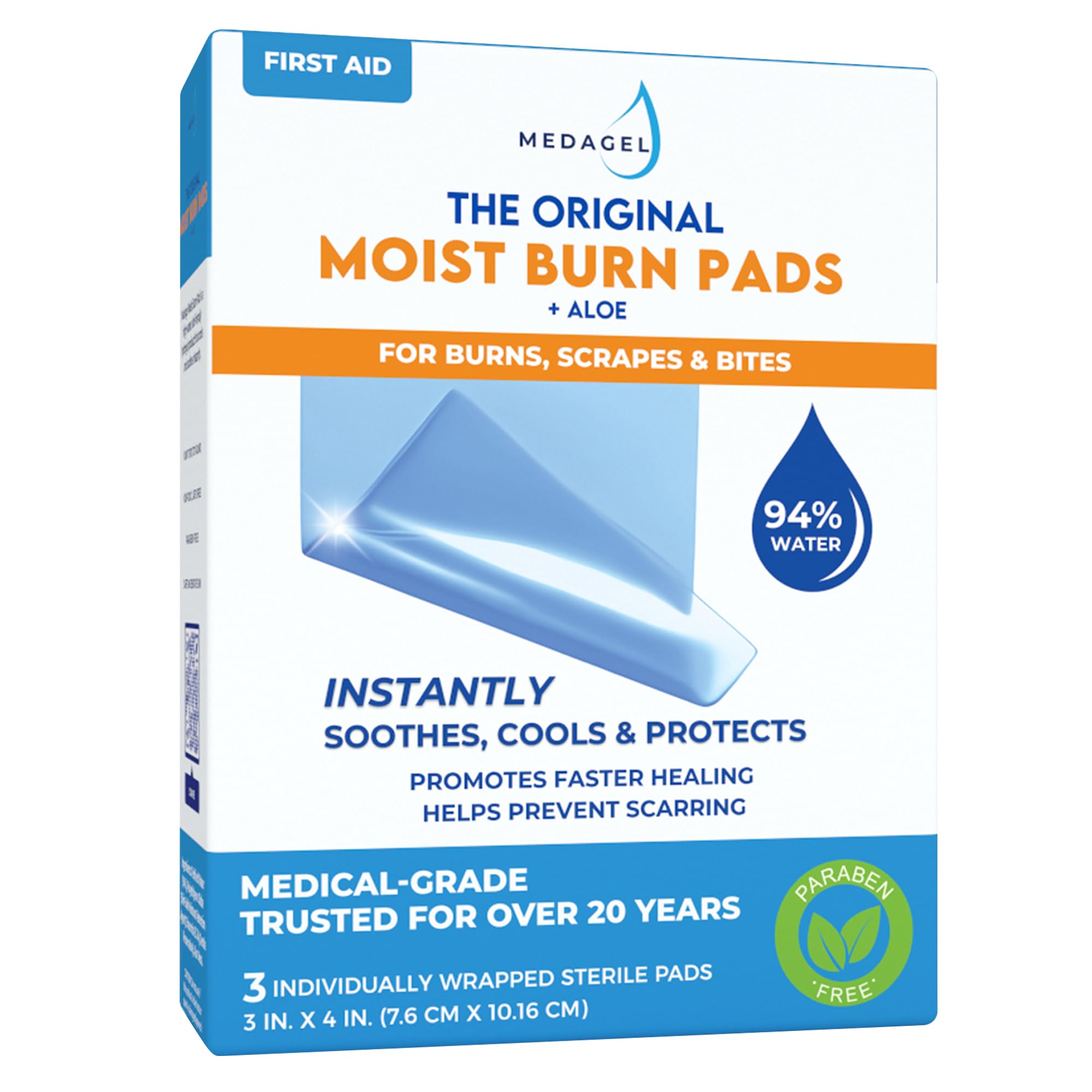 Medagel The Original Moist Burn Pad - Hydrogel Healing Pads, Soothing & Moist Skin Care Patch for Burns & Wounds, 3” x 4” Dressing