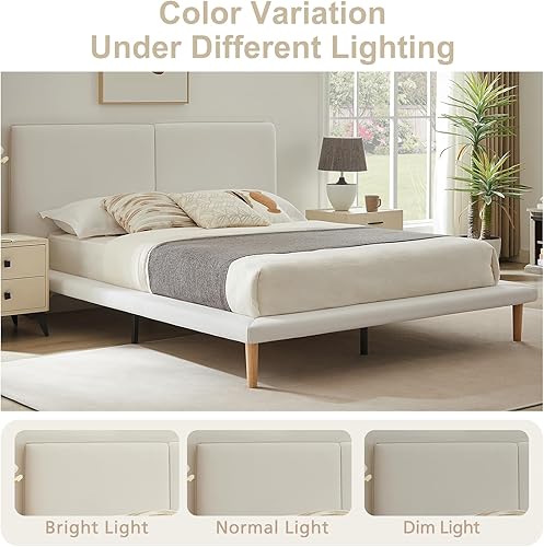 Miniatura 9 de VELOCAVA Base de cama de plataforma tamaño Queen con rieles laterales de 5.9 pulgadas de ancho, cama tapizada beige con cabecero, estilo escandinavo
