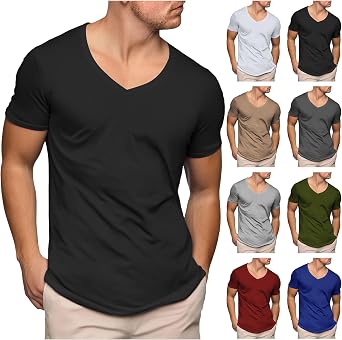Mens Deep V Neck T Shirts Casual Short Sleeve Low Cut Scoop Tee Muscle Workout Gym Athletic Slim Fit Undershirts Tops