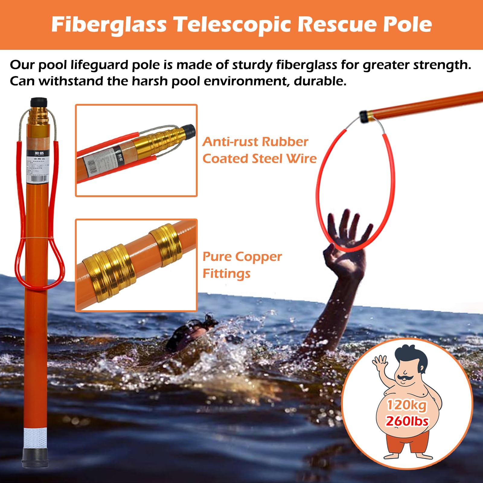 Pértiga De Rescate Para Piscina, Pértiga Telescópica De Seguridad Para Piscina, Herramienta De Rescate Ajustable De 4 Secciones Y 4,5 M (14,8 Pies) Para La Prevención De Ahoga,4.5m/14.8ft,,4 Section