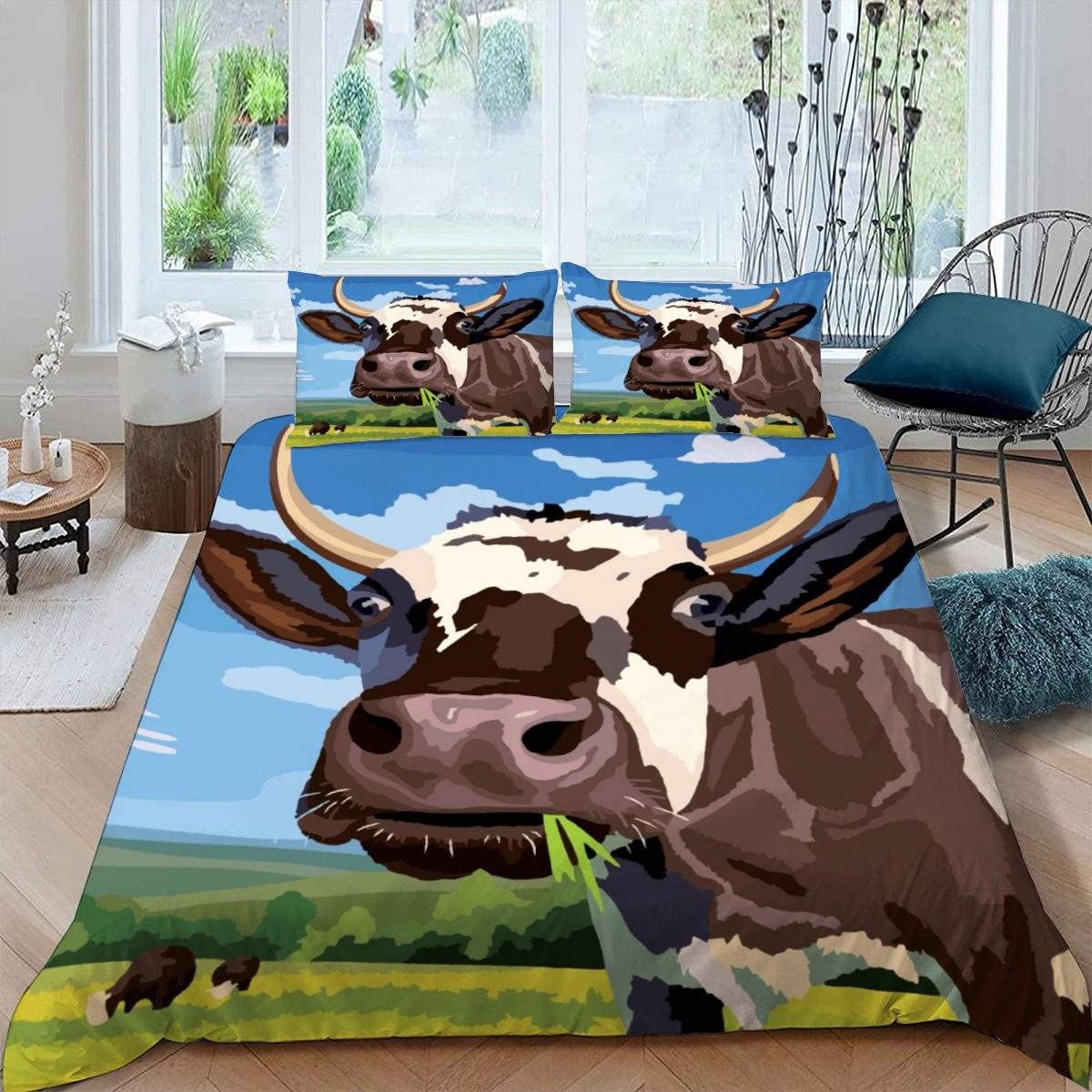 RFFLUX 3D Cow Single Duvet Cover Set 3 Pieces 135x200 Soft Microfiber Farm Animals Cattle Quilt Cover with Zipper Closure Easy Care Bedding Set with 2 Pillowcase for Kids Boys Girls Teens — image 1