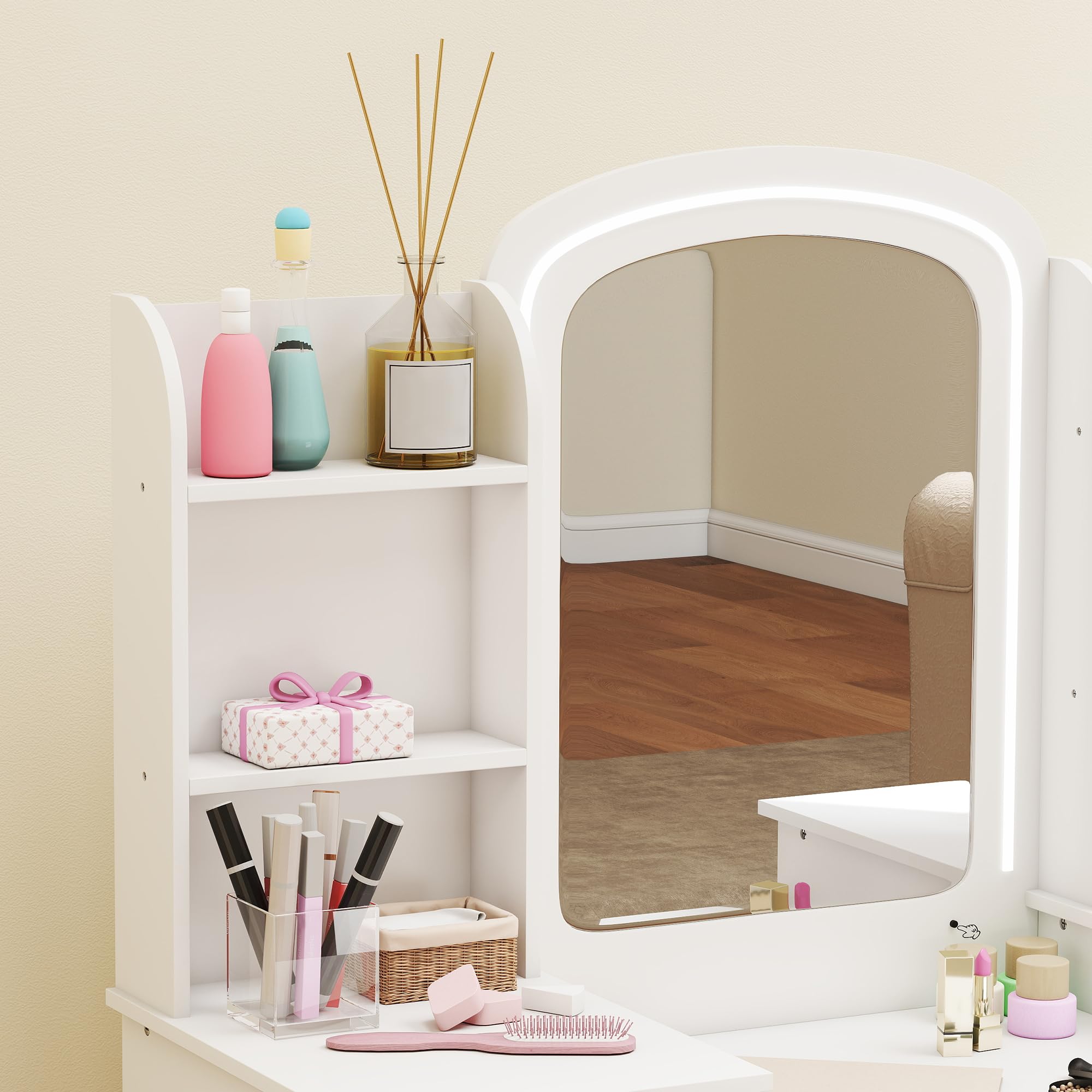 AIYAPLAY Coiffeuse pour Enfants avec Tabouret et Miroir LED, Coiffeuse Fille en Bois avec tiroirs en Tissu, étagères Ouvertes et Crochets à Bijoux, Table de Maquillage pour 3 à 8 Ans, Blanc