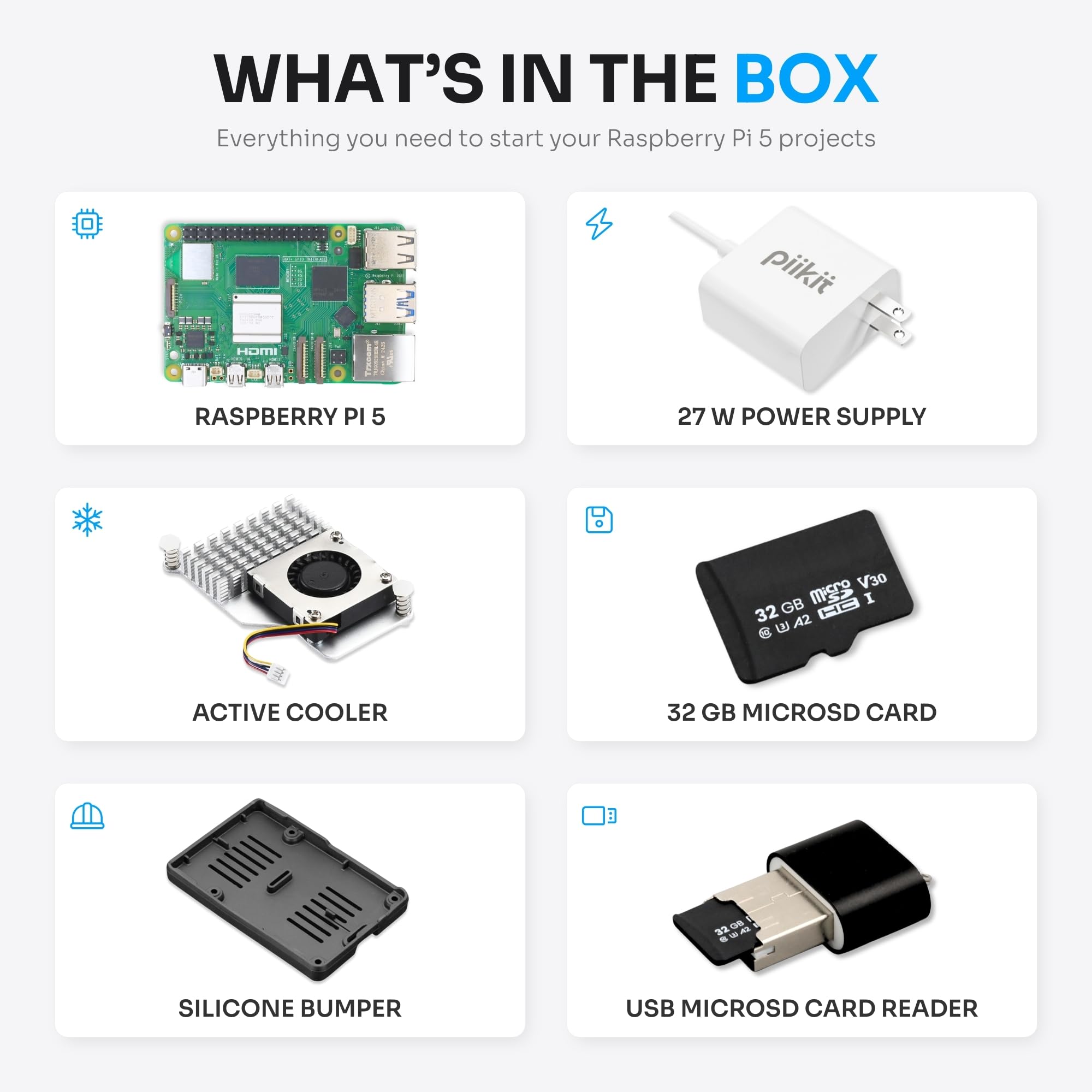 Starter Kit per Raspberry Pi 5 8 GB - Server Edition | Scheda MicroSD da 32 GB | Alimentatore da 27 W | Raffreddatore attivo | Bumper in silicone