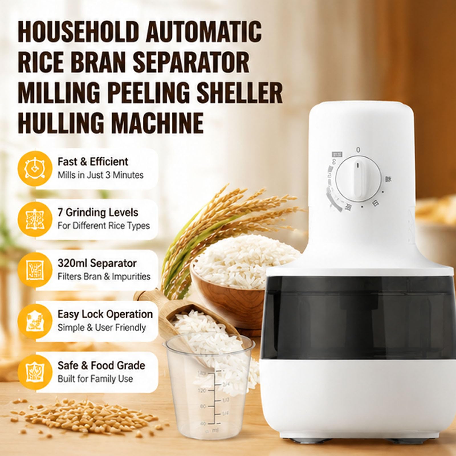 Separatore automatico di riso, 3 minuti per produrre riso, Macchina per sbucciare il riso per uso domestico da 320 ml, Precisione di fresatura di 7 ingranaggi, per grano e cereali domestici