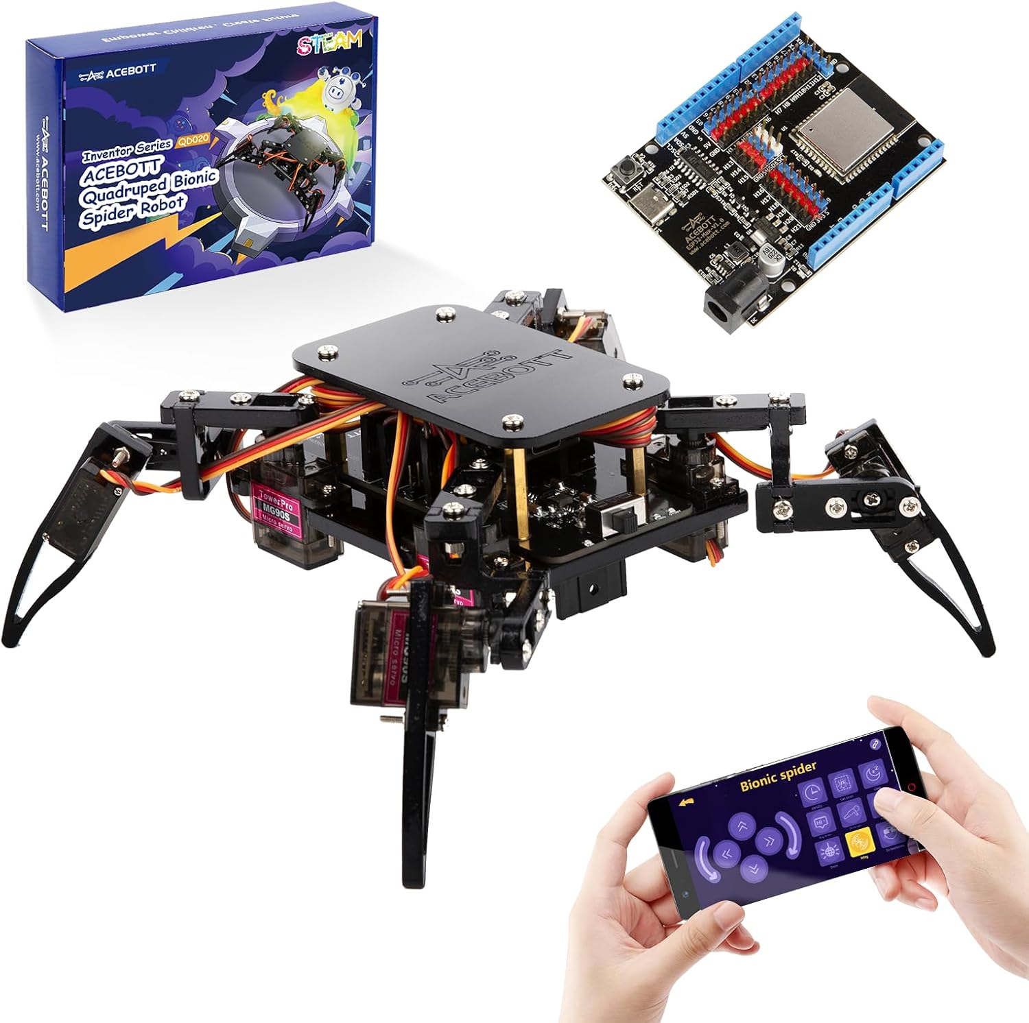 STEM Toys Programmable Bionic Spider Robot Kit with ESP32 Development Board Max V1.0, Science Kit for Kids Age 8-12, Arduino Compatible USB-C WiFi Bluetooth MicroPython