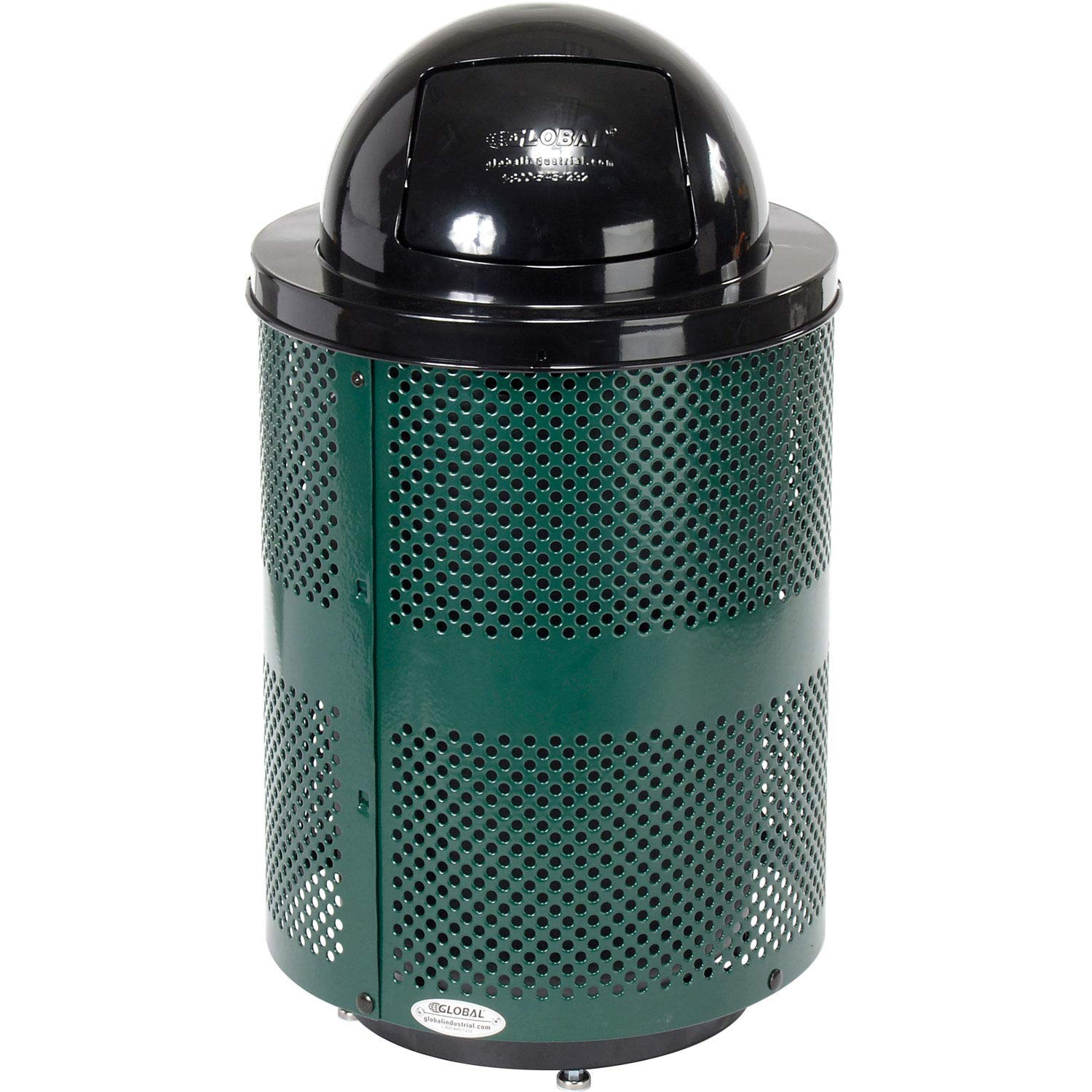Global Industrial 36 Gallon Outdoor Perforated Steel Round Trash Can with Dome Lid Raised Base Plastic Liner and