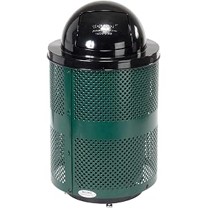 Global Industrial 36 Gallon Outdoor Perforated Steel Round Trash Can with Dome Lid Raised Base Plastic Liner and