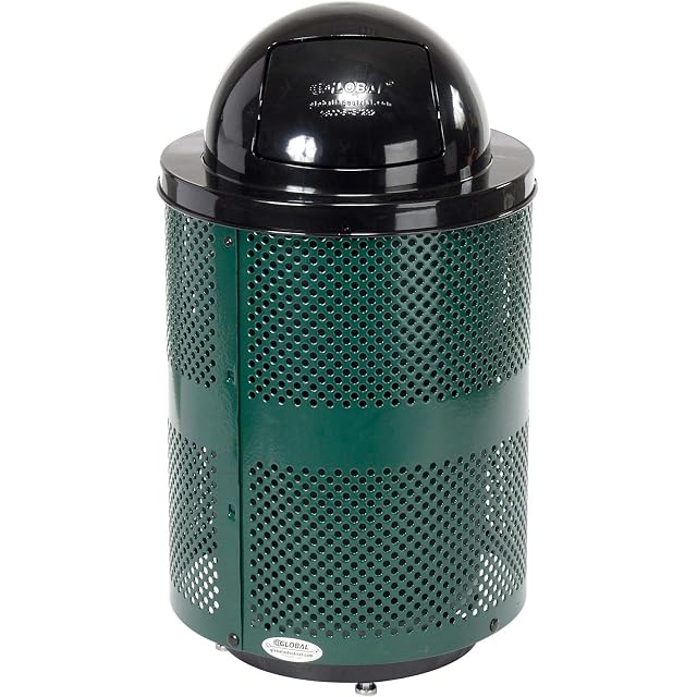 Global Industrial 36 Gallon Outdoor Perforated Steel Round Trash Can with Dome Lid Raised Base Plastic Liner and
